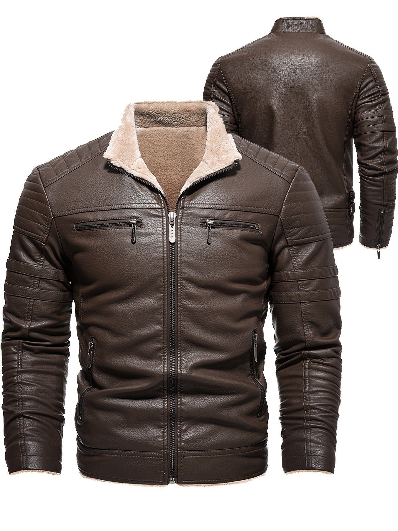 Men'S Autumn And Winter Fleece-Lined Motorcycle Jacket Made of Faux PU Faux Leather, Featuring a Vintage Slim Fit for Riding.
