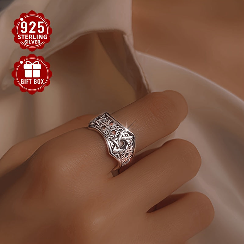 Approx. 4g of Total Weight 1pc Women'S Fashion Wide Band Ring; 925 Pure Silvery Hollow Retro Hip Hop Hexagram Star Adjustable Ring Niche Design Men'S and Women'S Ring; Suitable for Party Activities; Suitable for Giving to Lovers, Friends and Family