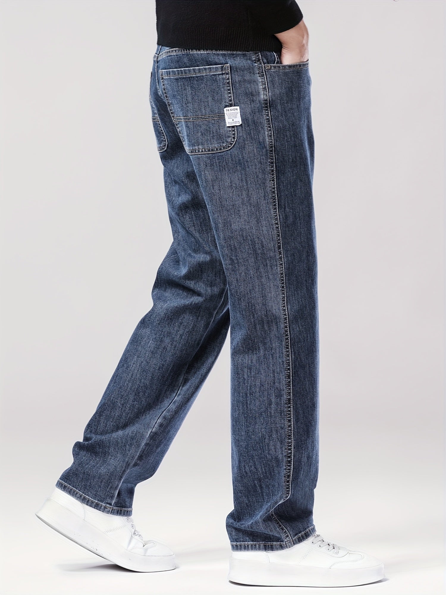 Men'S Classic Straight-Leg Jeans - Stretch Denim, Loose Fit, Breathable & Durable, Black with Brown & White Denim Pants for Casual or Business Wear