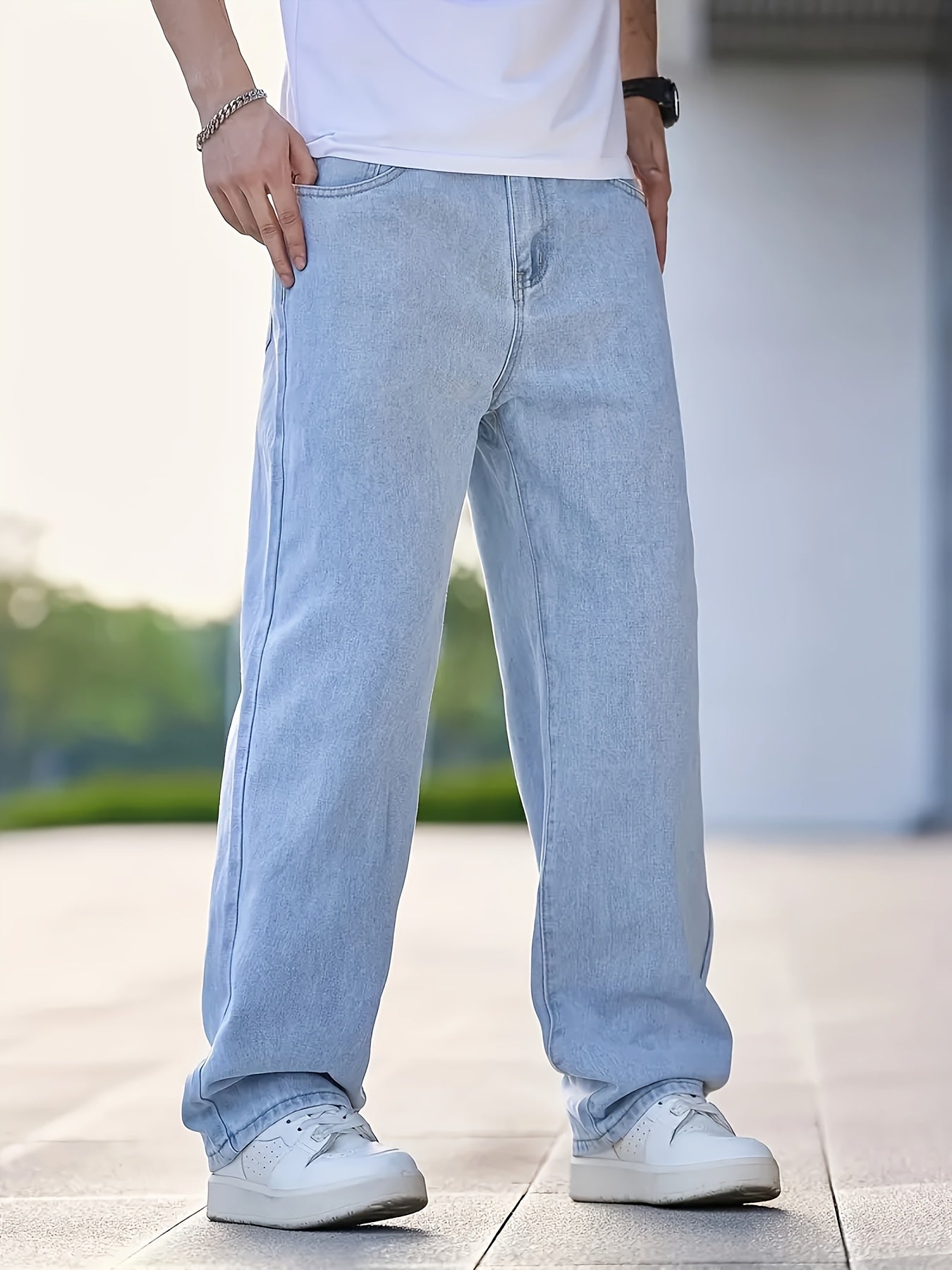 Men's Loose Fit Hip Hop Jeans - Casual Street Style Denim with Elastic Waistband, Light Blue Smooth Skateboard Pants for All Seasons, Comfortable and Stylish for Casual Attire, Allseasons Apparel | Nonstretch Fabric