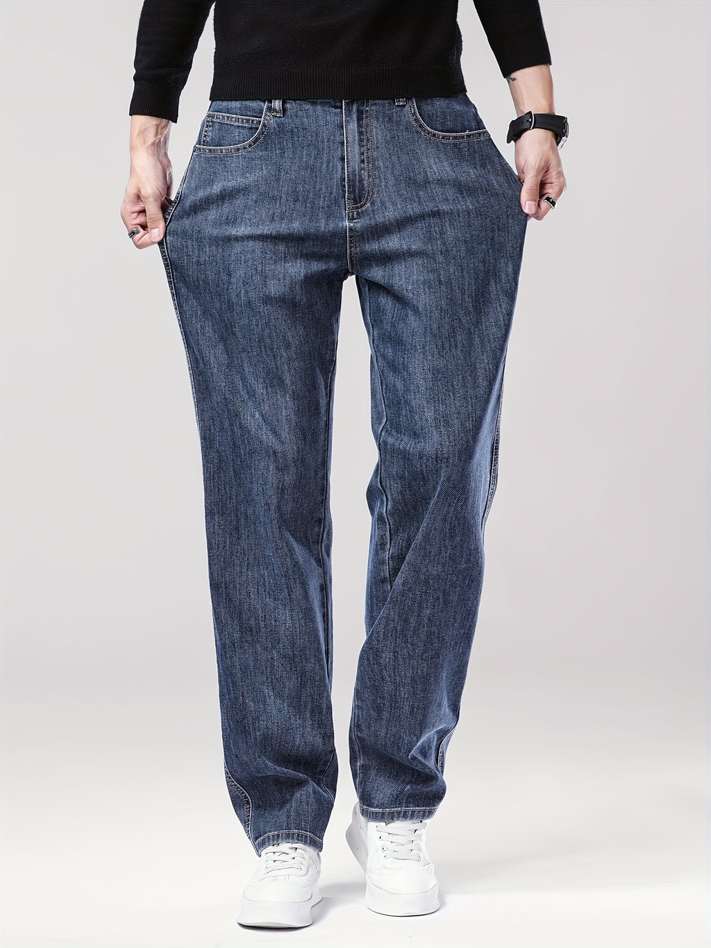 Men'S Classic Straight-Leg Jeans - Stretch Denim, Loose Fit, Breathable & Durable, Black with Brown & White Denim Pants for Casual or Business Wear