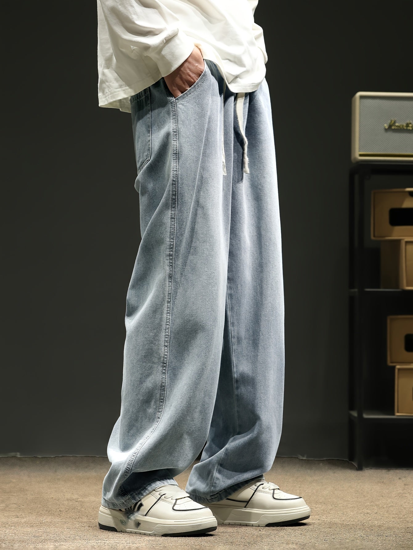 Men's Relaxed Fit Straight-Leg Jeans with Elastic Waistband - Casual & Trendy Denim Pants for All Seasons, Black Cotton Blend, Adjustable Drawstrings, Loose Fit for Casual Attire