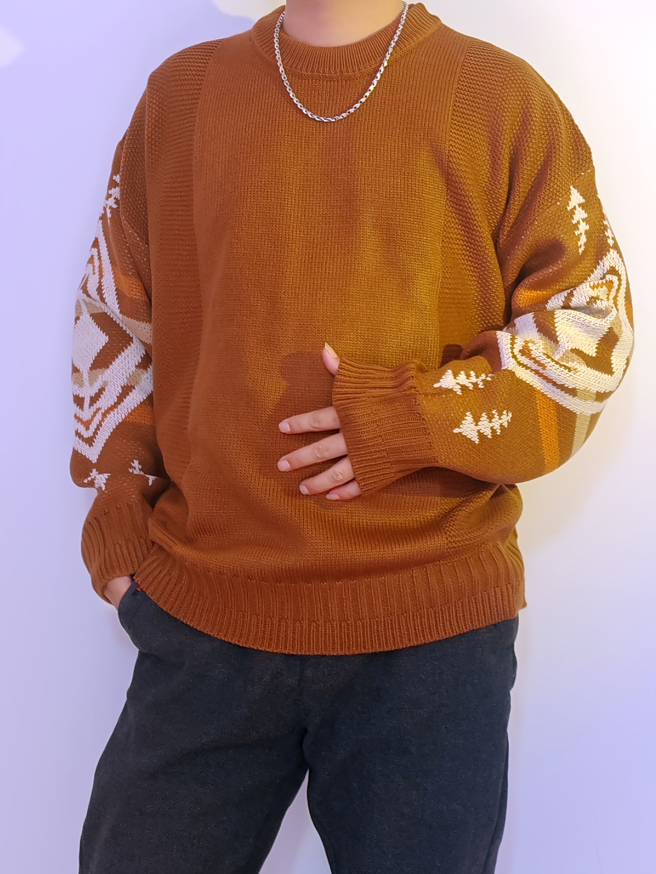 Pull YOUYUCHEN pour Hommes Grande Taille à Motif Géométrique en Tricot - Pull Décontracté Doux et Extensible, Coupe Relâchée avec Col Rond Manches Longues Confort Toutes Saisons, Matière Douce et Confortable, GRANDE TAILLE