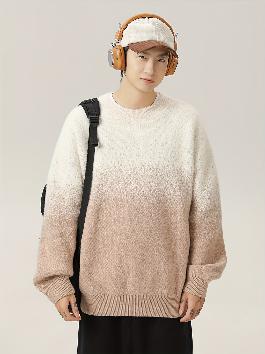 Pull à col rond dégradé casual pour homme - Tissu tricoté 100% polyester avec légère élasticité, modèle décontracté pour l'automne\u002Fhiver - Chaleureux style de rue japonais gradient