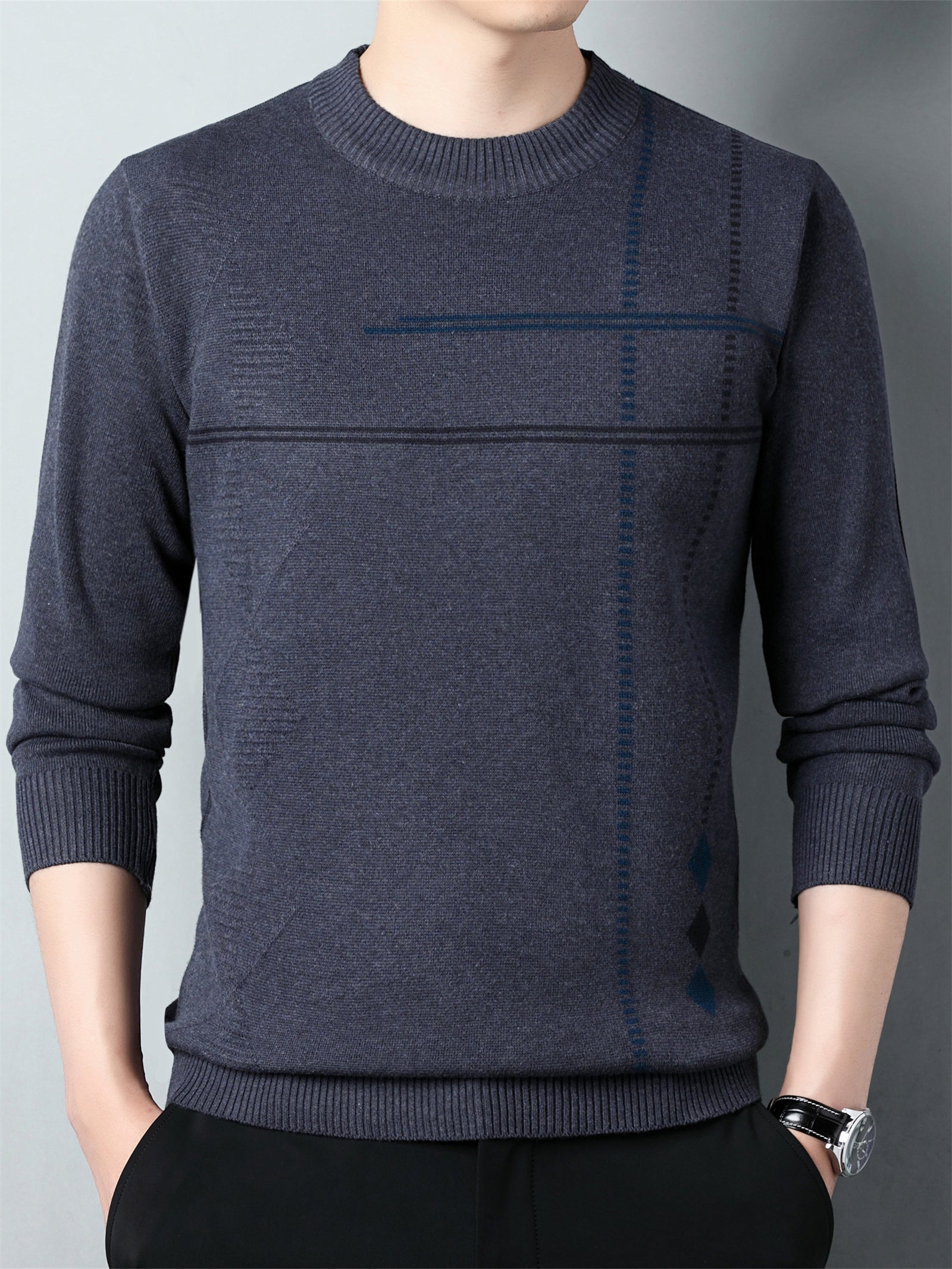 Pull en maille décontracté pour homme col rond 2024 - Taille régulière en polyester avec légère élasticité, motif géométrique pour printemps\u002Fautomne