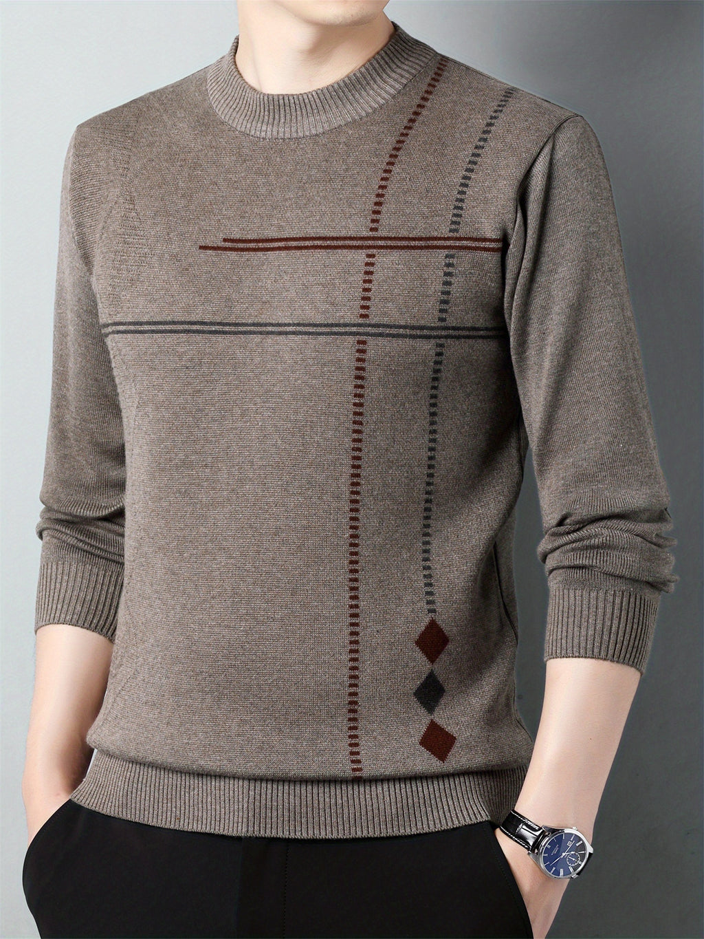 Pull en maille décontracté pour homme col rond 2024 - Taille régulière en polyester avec légère élasticité, motif géométrique pour printemps\u002Fautomne