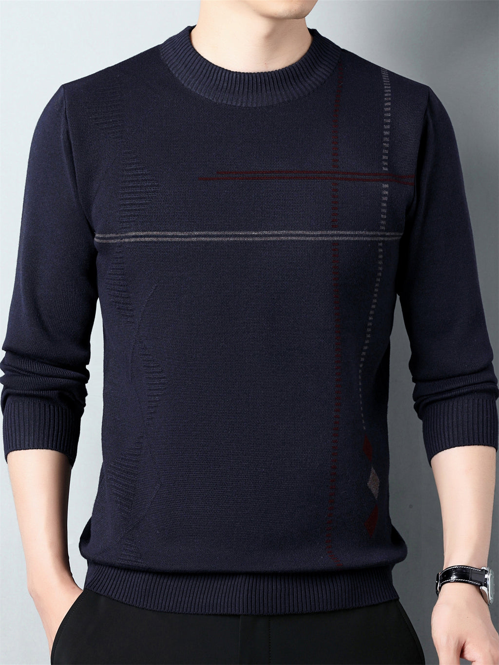 Pull en maille décontracté pour homme col rond 2024 - Taille régulière en polyester avec légère élasticité, motif géométrique pour printemps\u002Fautomne
