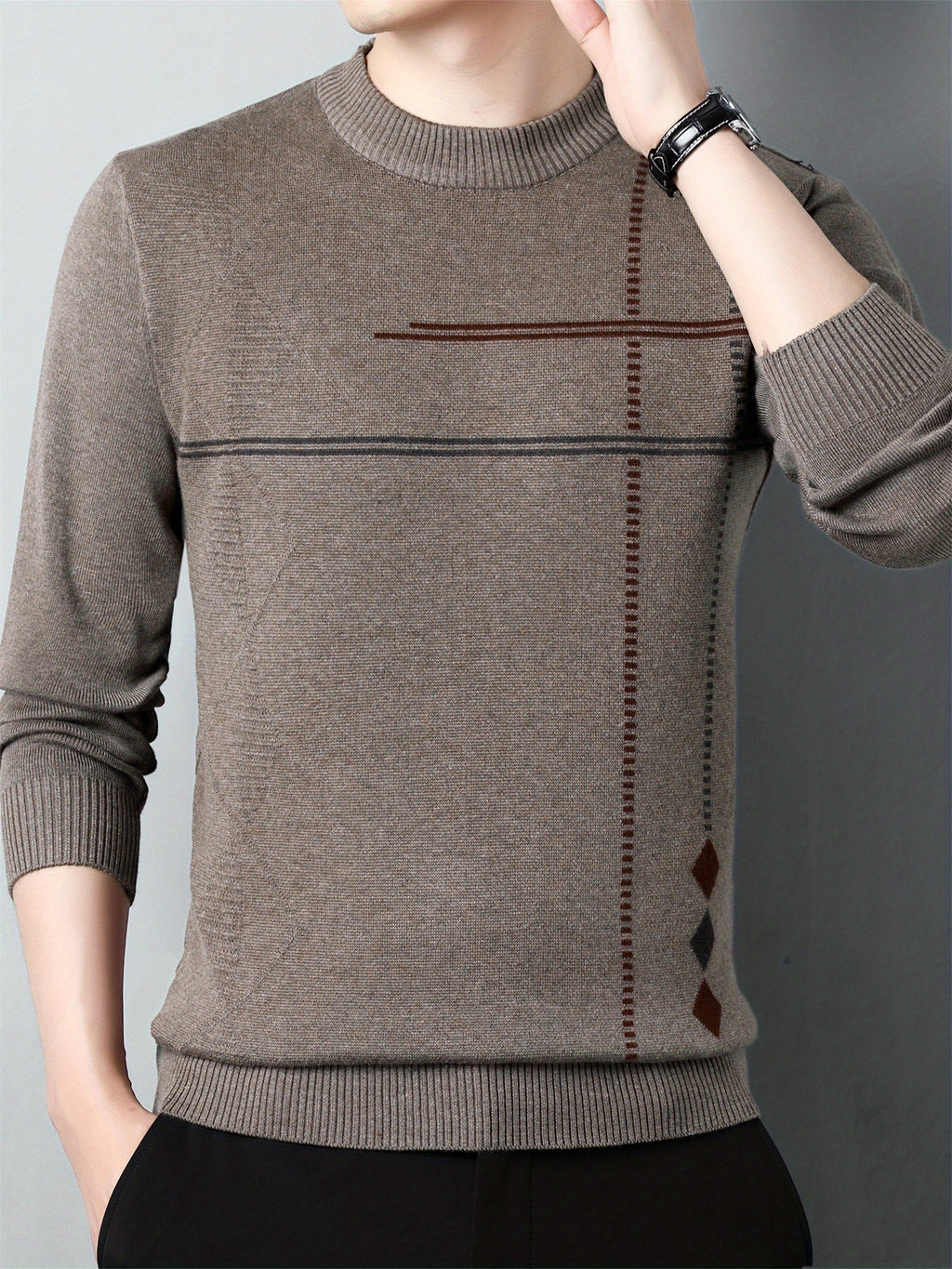 Pull en maille décontracté pour homme col rond 2024 - Taille régulière en polyester avec légère élasticité, motif géométrique pour printemps\u002Fautomne