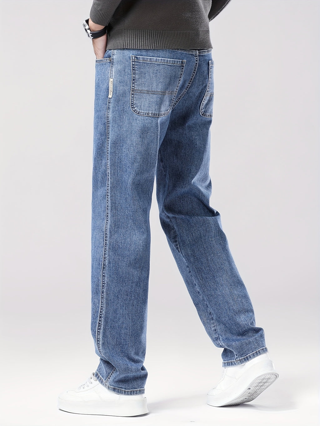 Men'S Classic Straight-Leg Jeans - Stretch Denim, Loose Fit, Breathable & Durable, Black with Brown & White Denim Pants for Casual or Business Wear