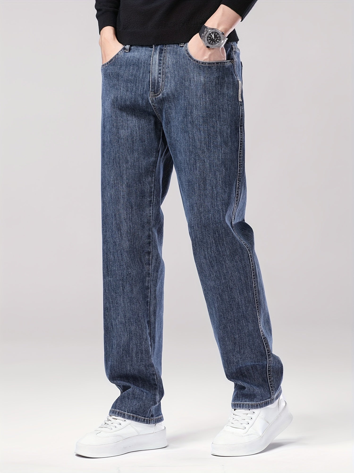 Men'S Classic Straight-Leg Jeans - Stretch Denim, Loose Fit, Breathable & Durable, Black with Brown & White Denim Pants for Casual or Business Wear