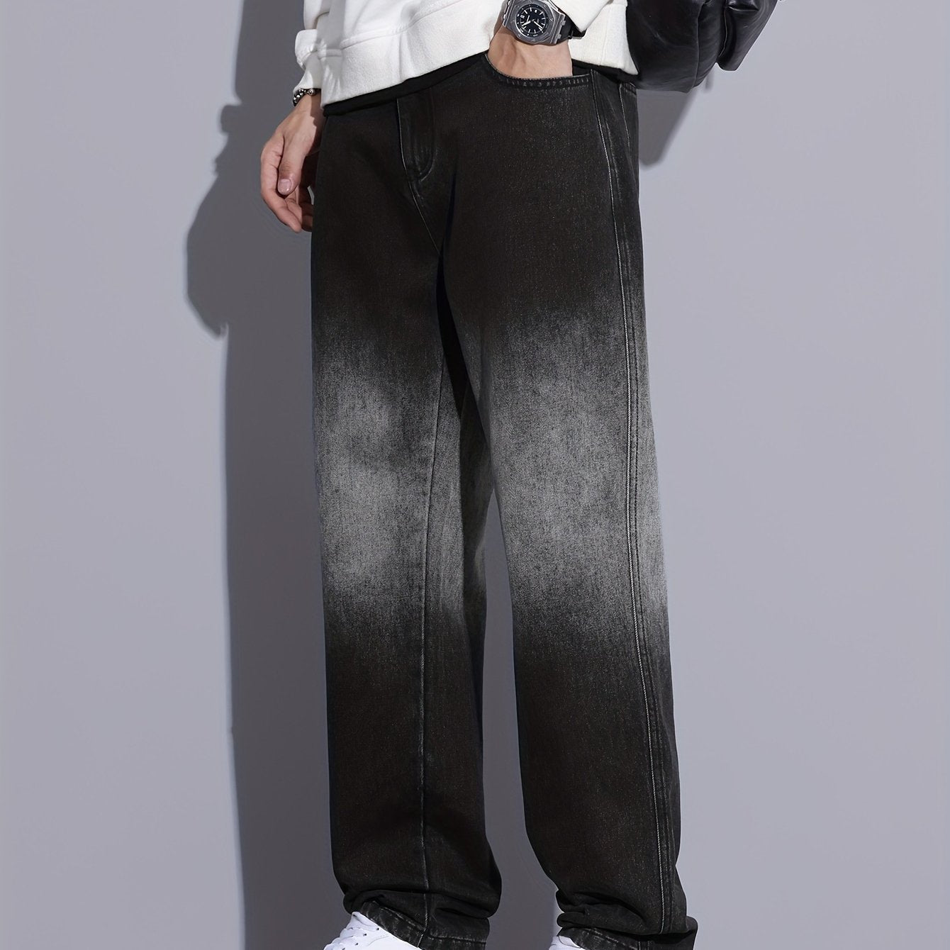 Men's Color Block Denim Barrel Pants With Pockets, Street Style Cotton Blend Jeans For Outdoor Activities