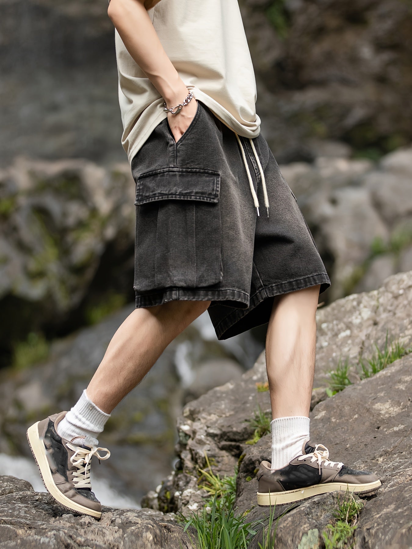 Men's Casual Denim Shorts with Side Pockets - Loose Fit, Drawstring Waist, Cotton Blend, Summer Streetwear