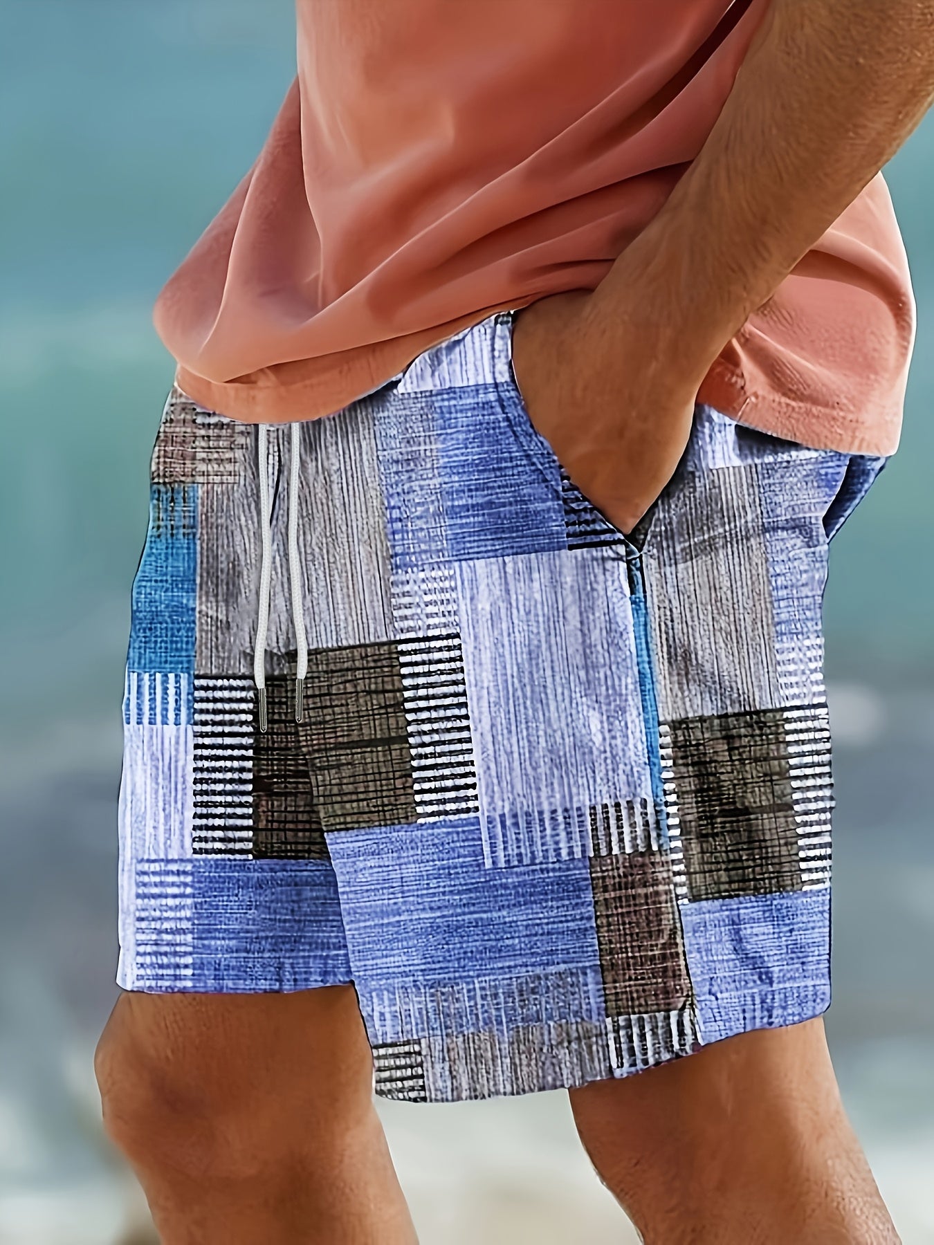 Men'S Geometric-Patterned Casual Beach Shorts, 100% Polyester, Slight Stretch, Drawstring, Regular Fit, Woven Fabric, 120g\u002Fm² - European and American Style Summer Fashion