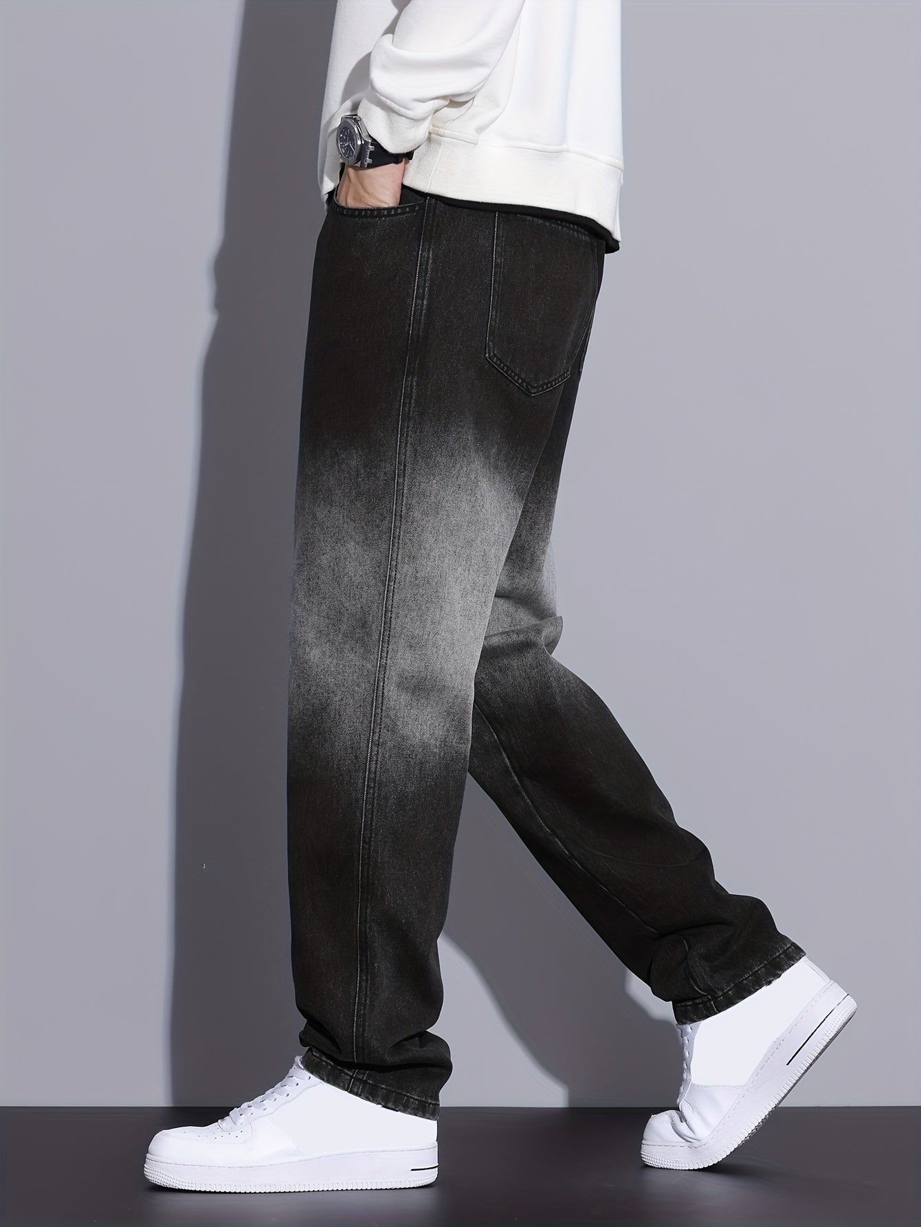 Men's Color Block Denim Barrel Pants With Pockets, Street Style Cotton Blend Jeans For Outdoor Activities