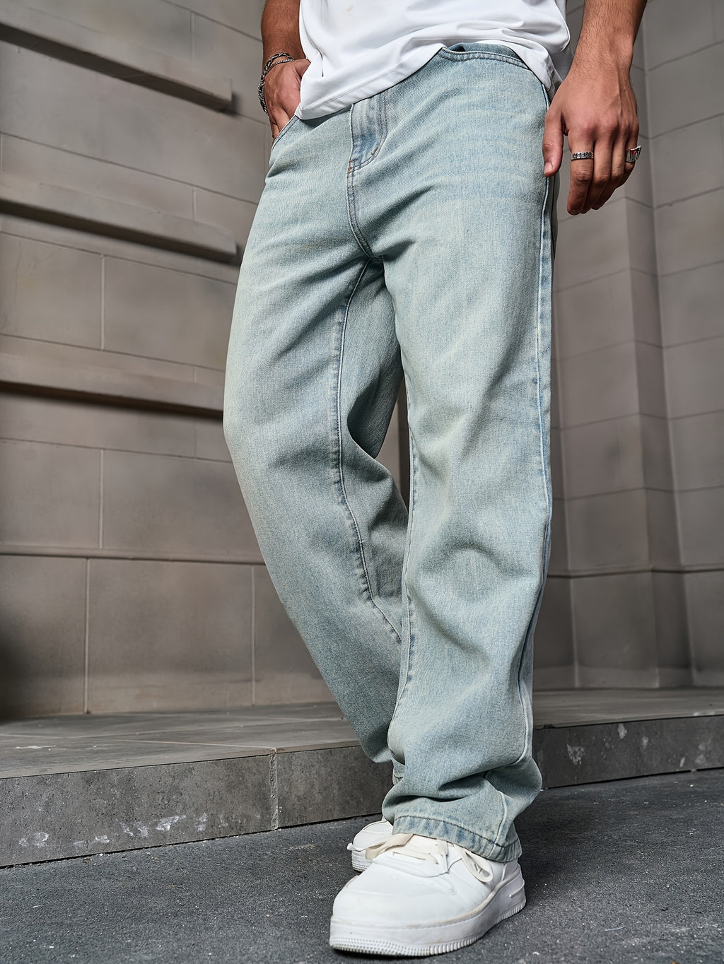 Men'S Fashion Straight Leg Jeans - Light Wash Denim, Non-Stretch Fabric, Regular Fit for All Seasons, Casual Street Style, Classic Whisker Design, Weekend Casual Wear | Classic Straight Leg | Washed Deni