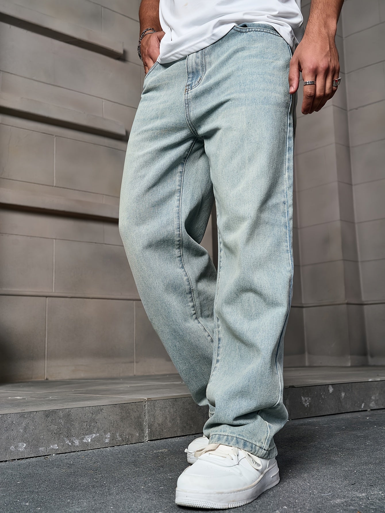 Men'S Fashion Straight Leg Jeans - Light Wash Denim, Non-Stretch Fabric, Regular Fit for All Seasons, Casual Street Style, Classic Whisker Design, Weekend Casual Wear | Classic Straight Leg | Washed Deni