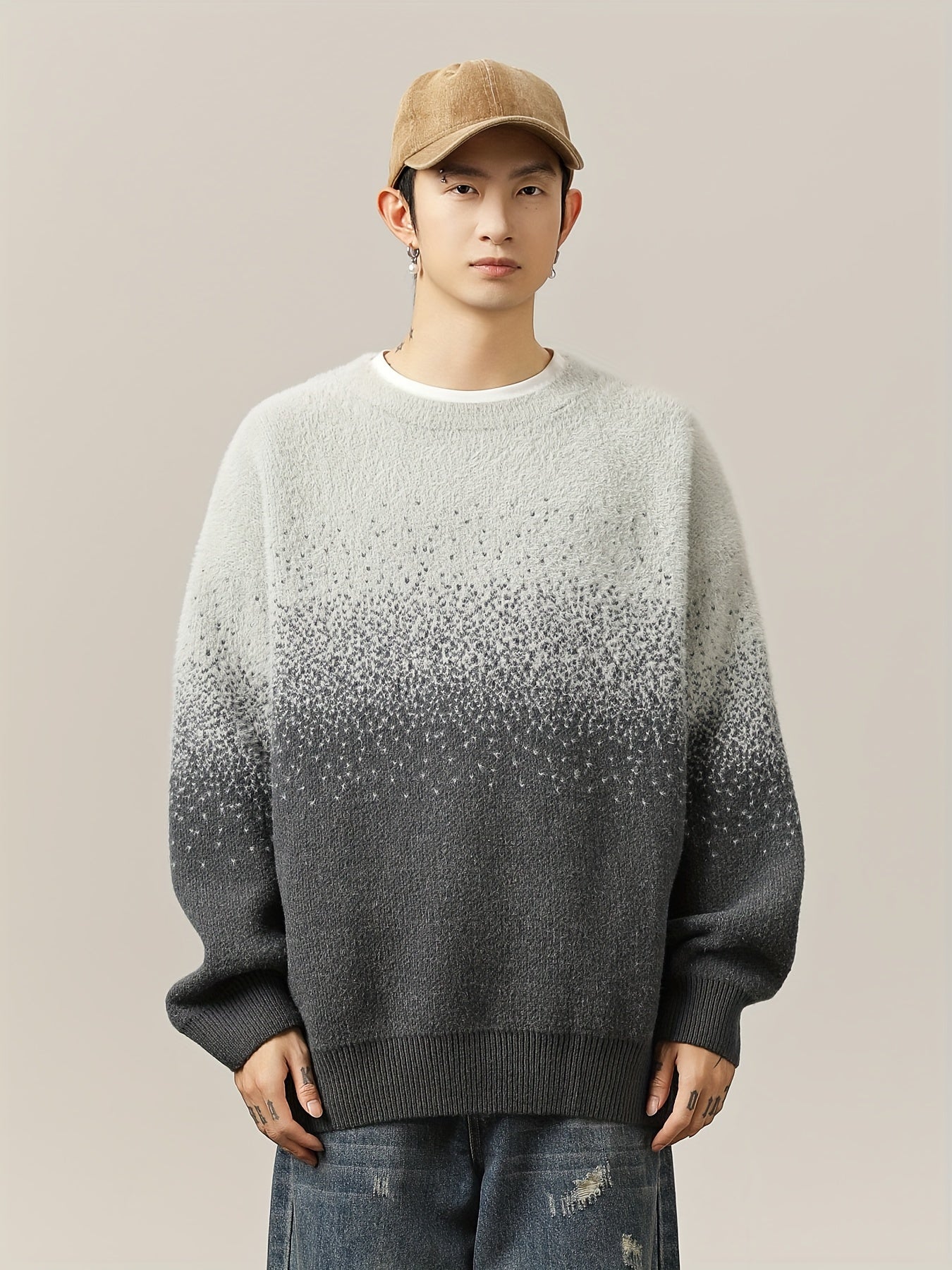 Pull à col rond dégradé casual pour homme - Tissu tricoté 100% polyester avec légère élasticité, modèle décontracté pour l'automne\u002Fhiver - Chaleureux style de rue japonais gradient