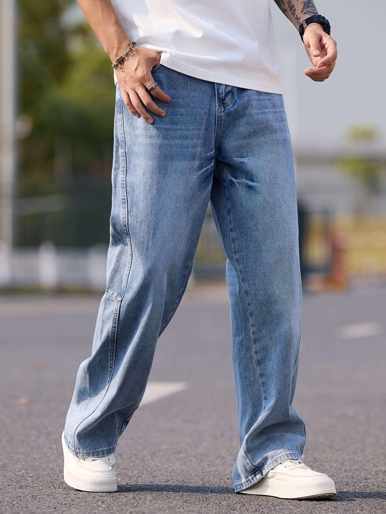 American High Street Deconstructed Stitching Design Loose Jeans, Vintage Wash Wide Leg Pants, Suitable for Men and Women (Without Belt\u002FWithout Accessories)