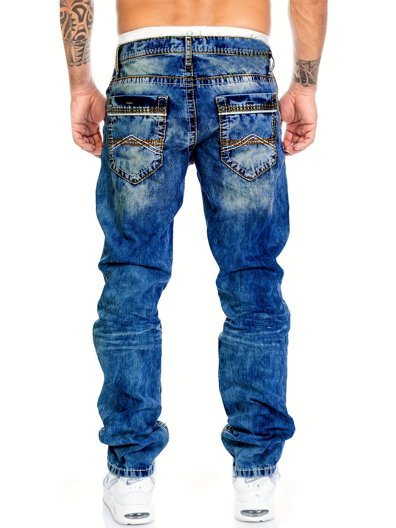 Men's Slim-Fit Straight-Leg Distressed American Snowflake Jeans - Streetwear Style Blue Denim Pants with Vintage Wash, All-Season Casual Wear, Everyday Fashion | Durable Fabric