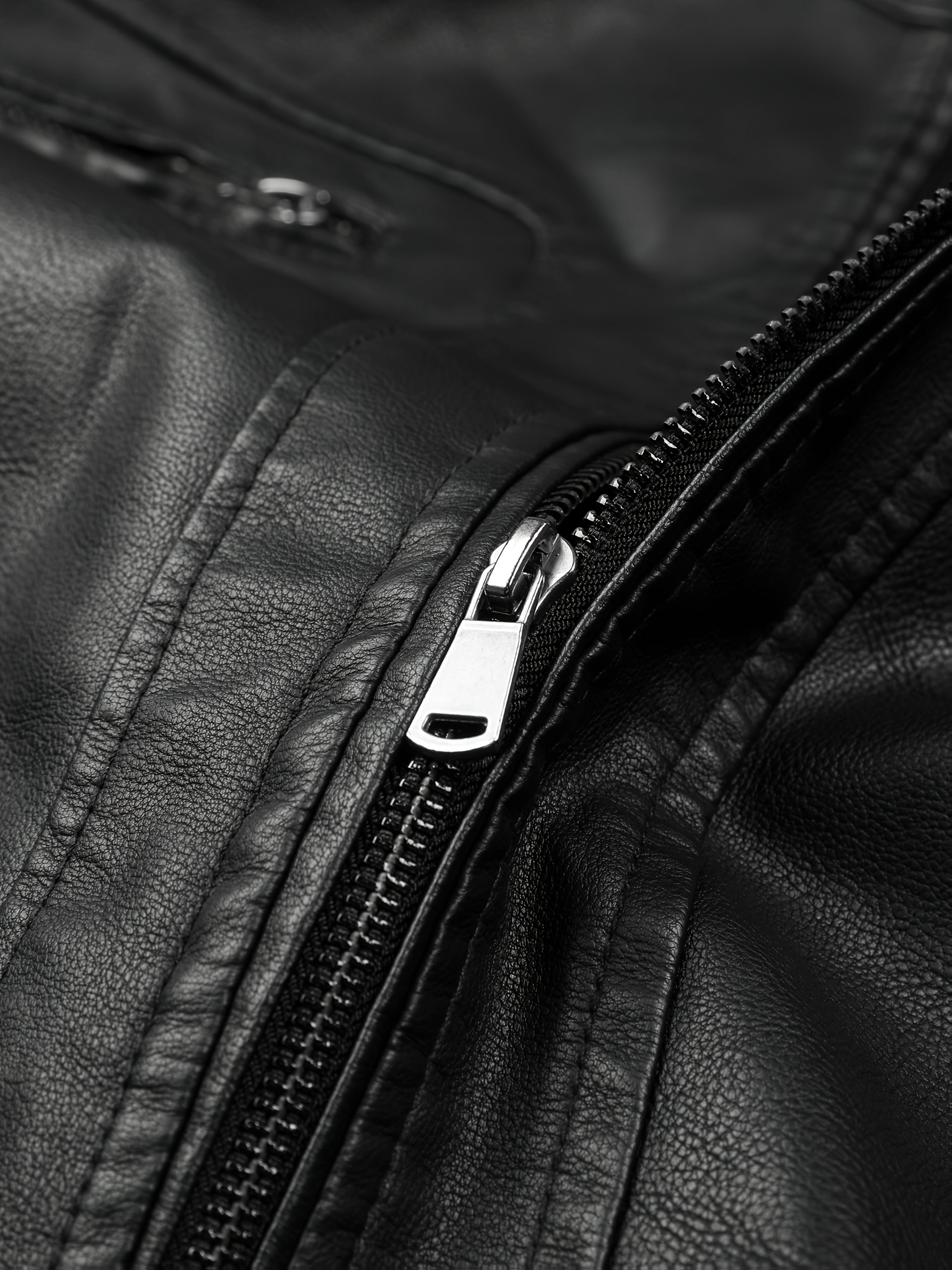 Men's Slim Fit PU Leather Jacket - Black, Double Zipper, Stand Collar, Warm Lined, Casual Style, Machine Washable, Everyday Jacket | Modern PU Leather Jacket | Durable PU Leather Look