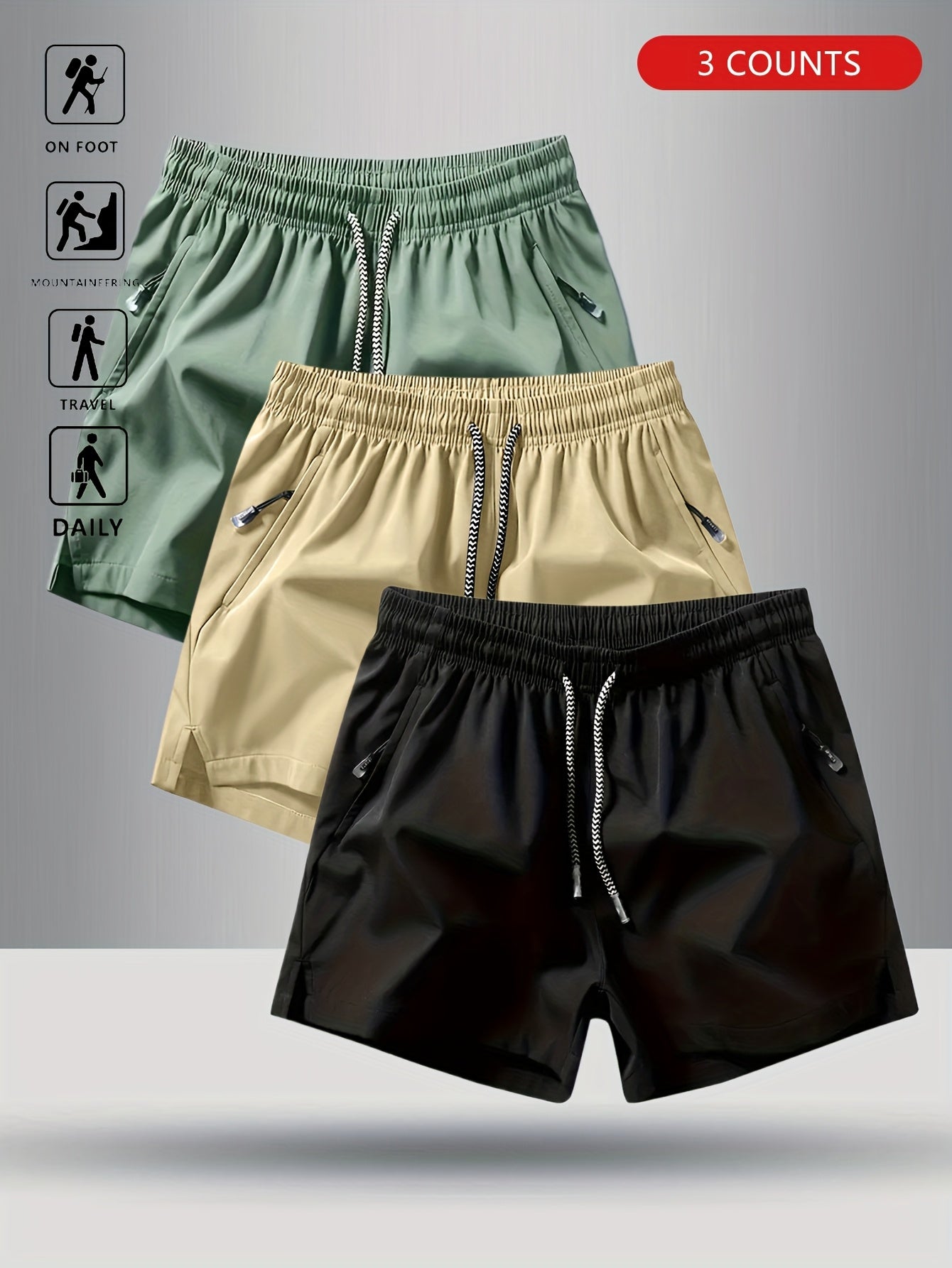 3pcs OBM Men's Moisture-Wicking Lightweight Athletic Shorts with Adjustable Drawstring Waist & Zipper Pocket - Breathable Quick-Dry Gym Running Training Shorts for Summer, Beach, Outdoor Activities (Teal, Burgundy, Navy)