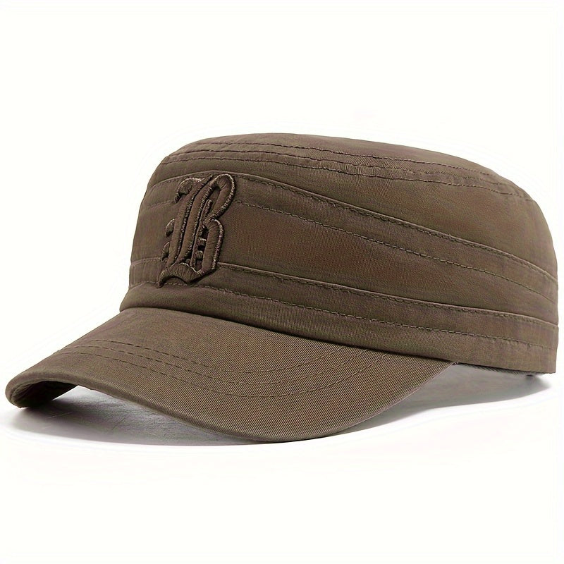 Men'S Embroidered Casual Flat Cap, 100% Polyester, Vintage Style, Solid Color, Soft Fabric, Non-Stretch, with Adjustable for Spring and Autumn