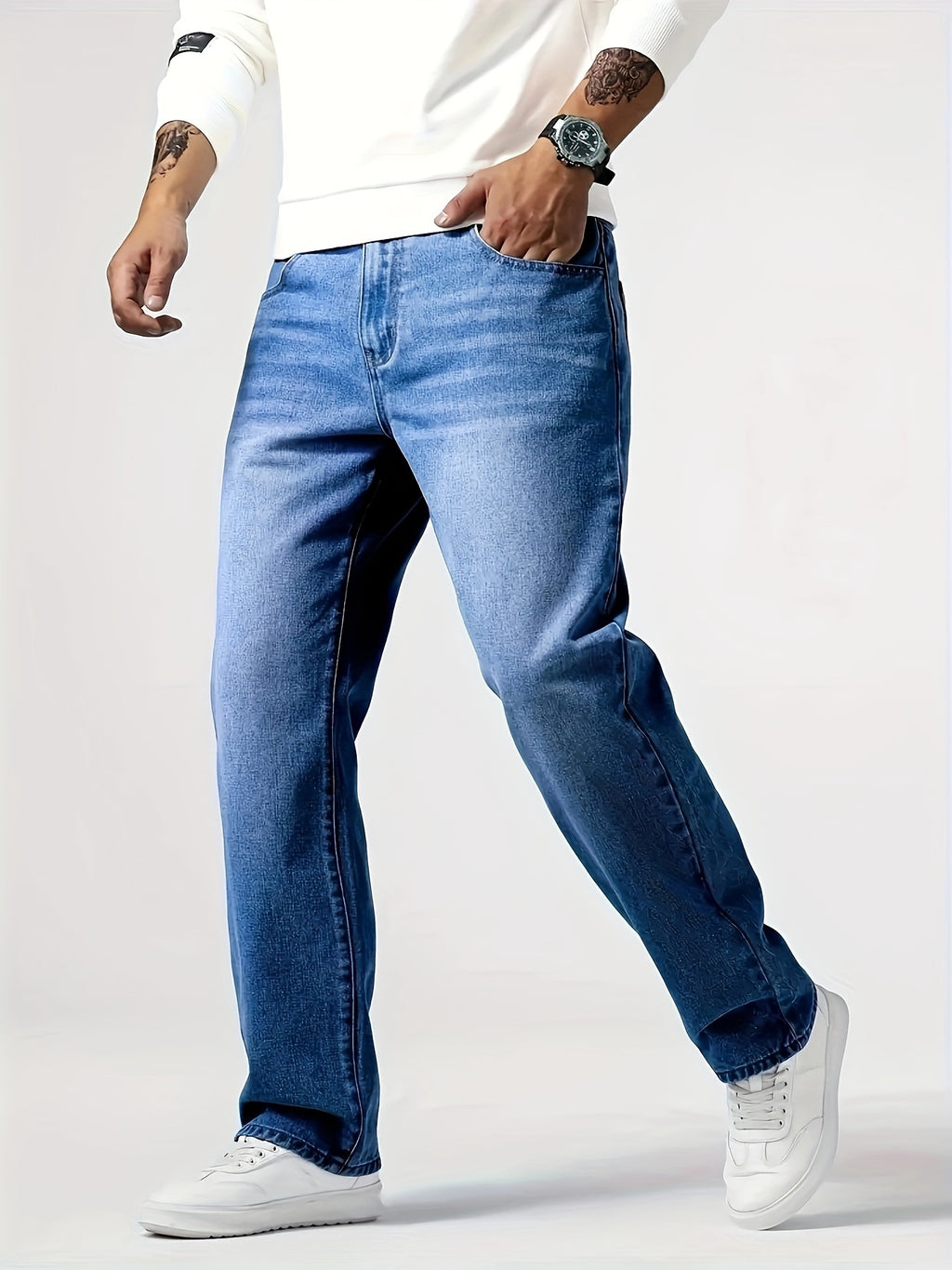 Men's Slim Fit Washed Jeans - Street Style, Cotton Blend, Machine Washable, Mid-Rise with Zip Closure