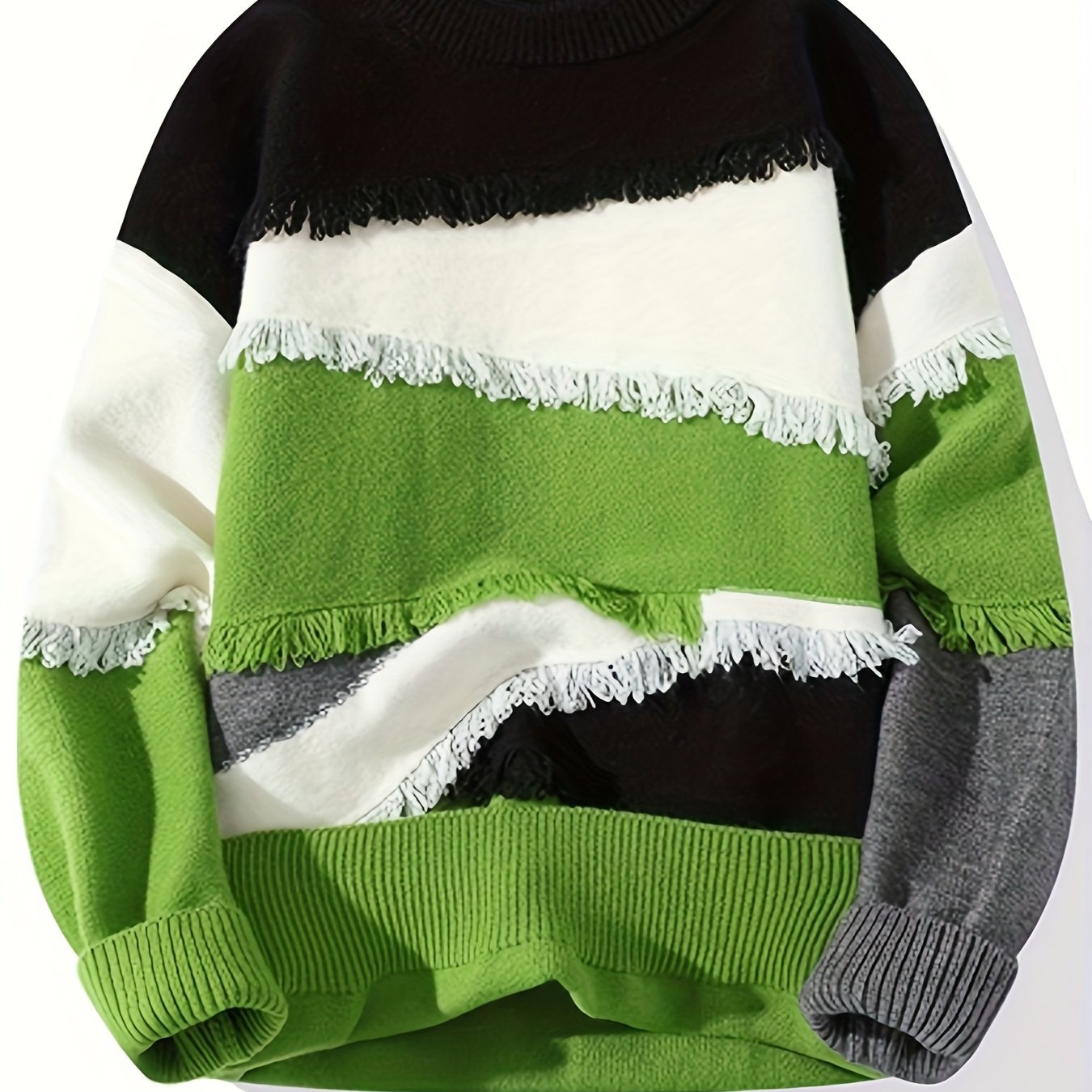 Pullover tricoté effiloché à blocs de couleurs pour hommes, pull décontracté à col rond à manches longues et haute élasticité pour l'automne et l'hiver