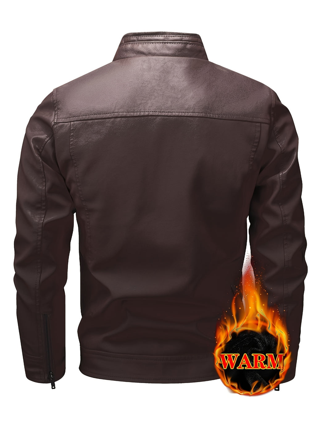 Men's Warm Fleece-Lined Jacket - Trendy Stand Collar Zip-Up Biker Coat for Fall\u002FWinter, Brown, Multiple Pockets, Machine Washable