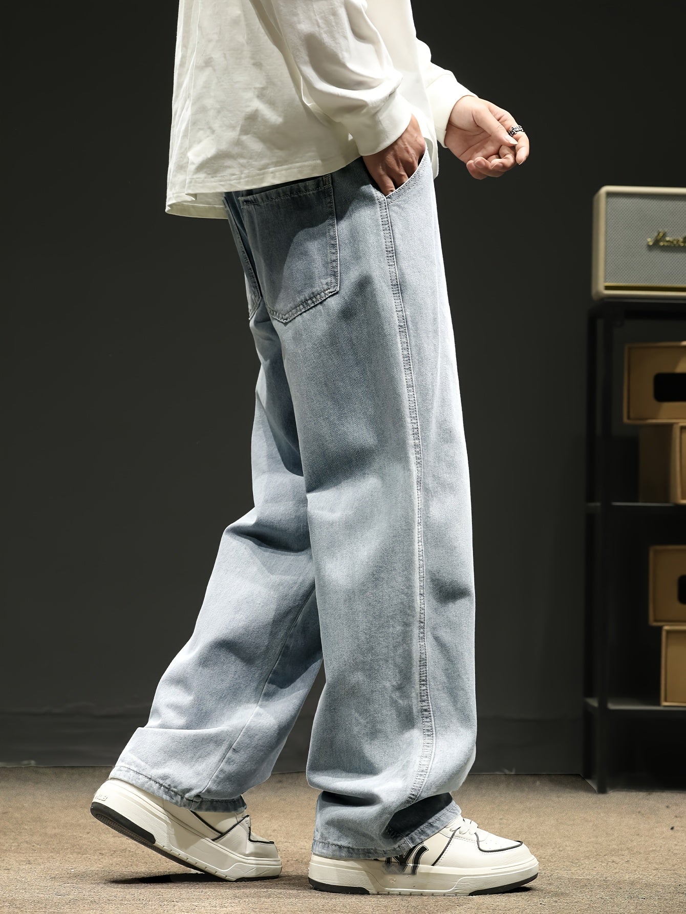 Men's Relaxed Fit Straight-Leg Jeans with Elastic Waistband - Casual & Trendy Denim Pants for All Seasons, Black Cotton Blend, Adjustable Drawstrings, Loose Fit for Casual Attire