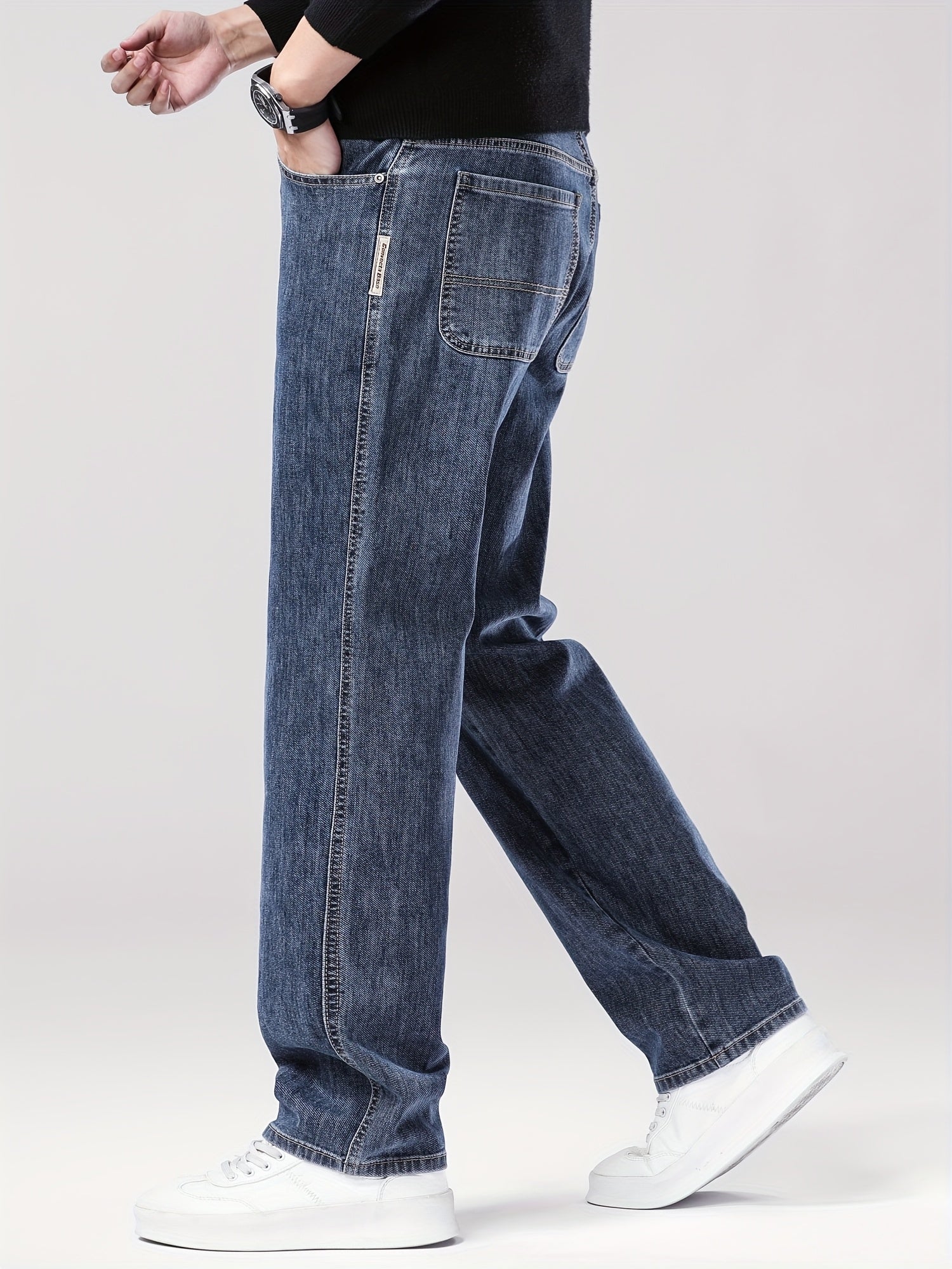 Men'S Classic Straight-Leg Jeans - Stretch Denim, Loose Fit, Breathable & Durable, Black with Brown & White Denim Pants for Casual or Business Wear