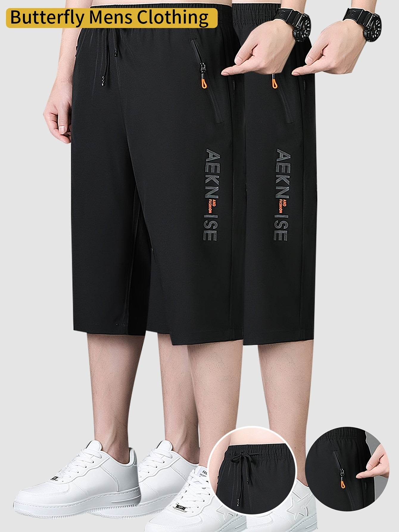 2pcs Men's Mid-Thigh Athletic Shorts with Drawstring & Zipper Pockets - Stylish Letter Print Design, Black & Navy Blue, Perfect for Gym, Casual Wear, Yoga, and Outdoor Activities, Modern Sports Apparel | Durable Sportswear