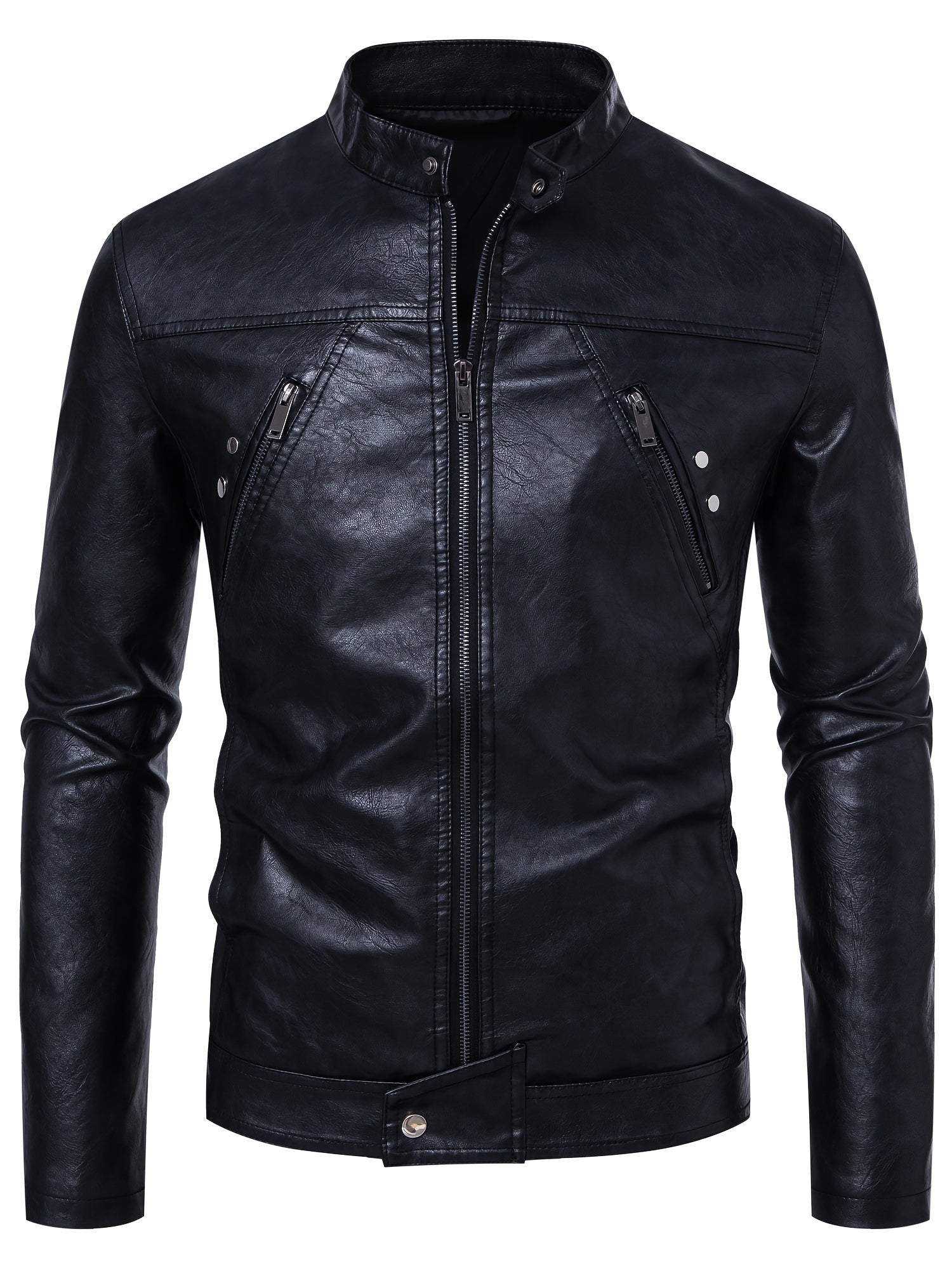 Men'S Casual Stand Collar Zipper Faux Leather Jacket, Fashion Motorcycle Style, Suitable for Street Outdoor And Riding Wear