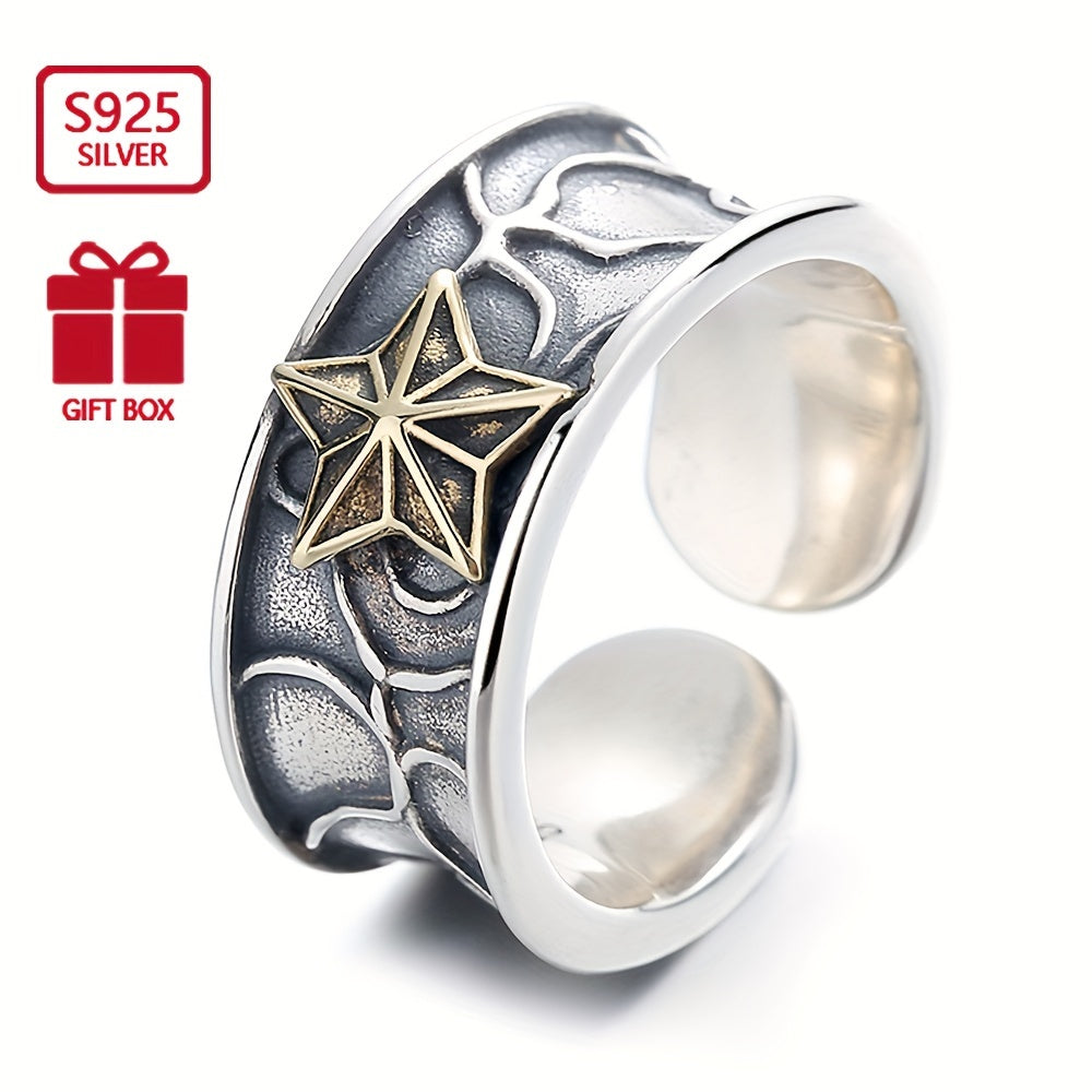 1pc s925 Pure Silver Retro Neutral Water Ripple Set with Copper Stars Thai Silver Ring, Punk Trendy Ring for Men and Women, Suitable for Parties, Approx. 7.4g