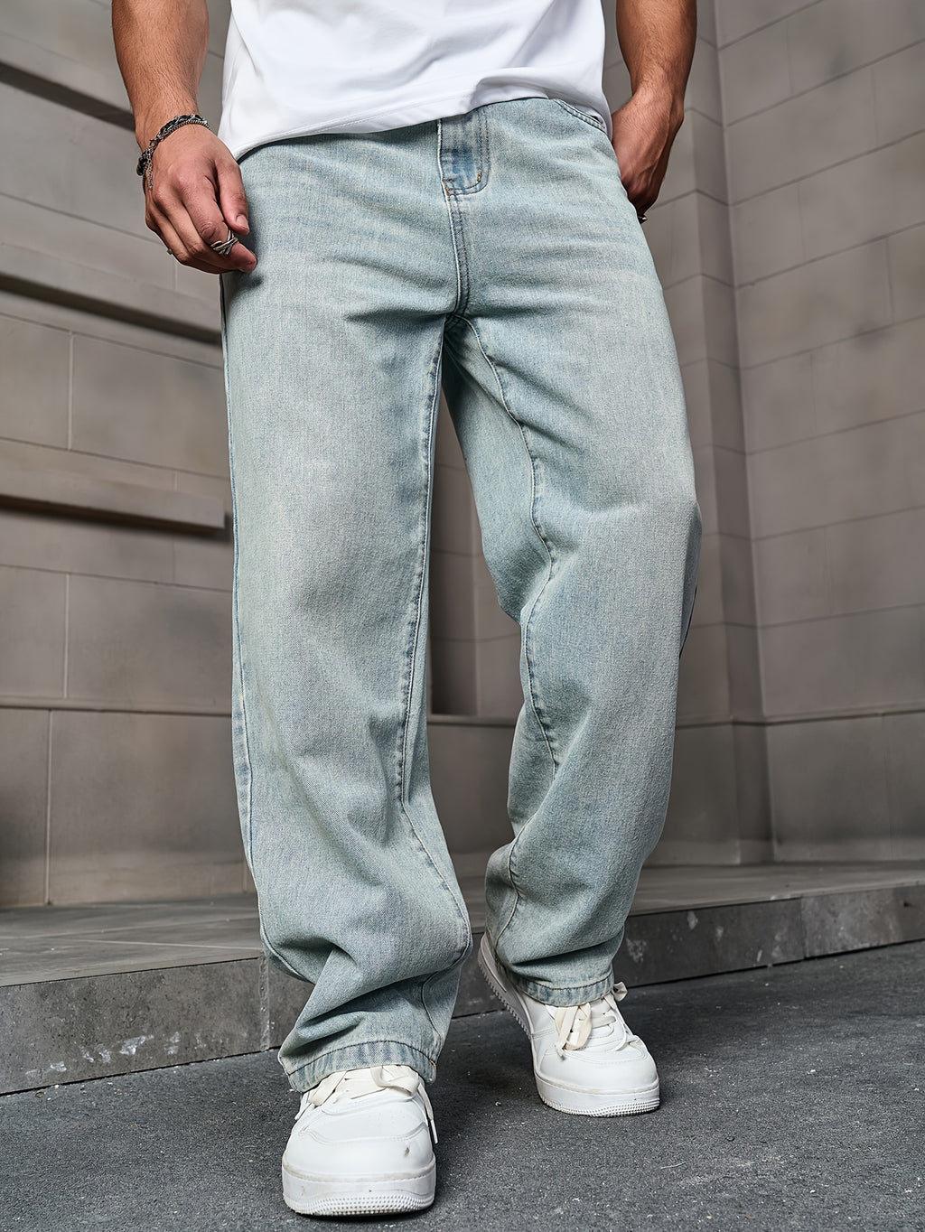 Men'S Fashion Straight Leg Jeans - Light Wash Denim, Non-Stretch Fabric, Regular Fit for All Seasons, Casual Street Style, Classic Whisker Design, Weekend Casual Wear | Classic Straight Leg | Washed Deni