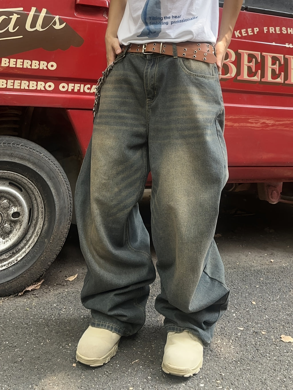 Men's American Casual Loose-Fit Wide-Leg Jeans - Non-Stretch Denim, Beltless & No Hangings, Machine Washable, All-Season Comfort, Solid Color with Functional Pockets