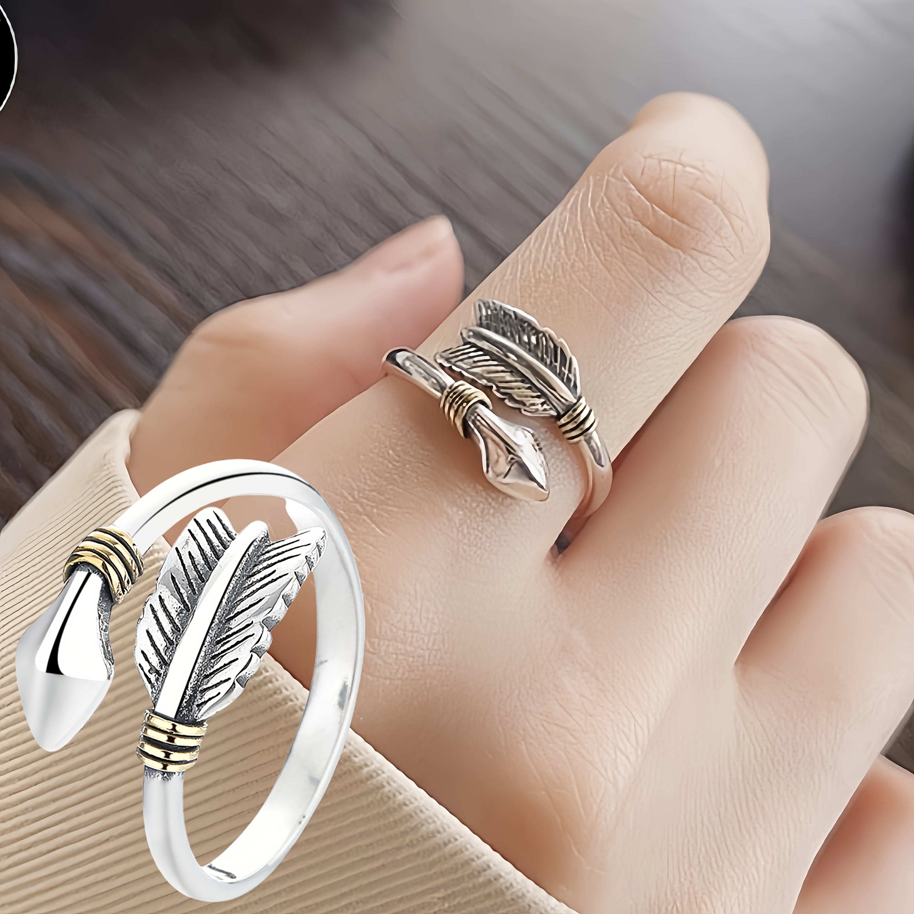 XKV Brand 925 Sterling Silvery Vintage Arrow Feather Design Open Ring, Street Style Fashion Elegant Adjustable Band, Unique Antique Finish, Gift for Girlfriend, Approx 3g