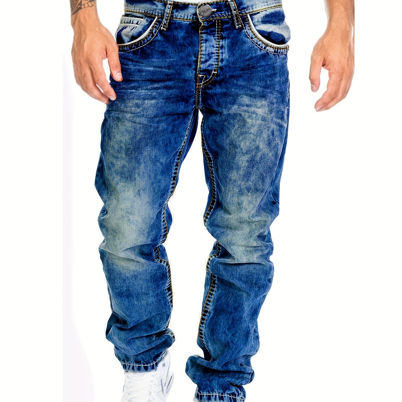 Men's Slim-Fit Straight-Leg Distressed American Snowflake Jeans - Streetwear Style Blue Denim Pants with Vintage Wash, All-Season Casual Wear, Everyday Fashion | Durable Fabric