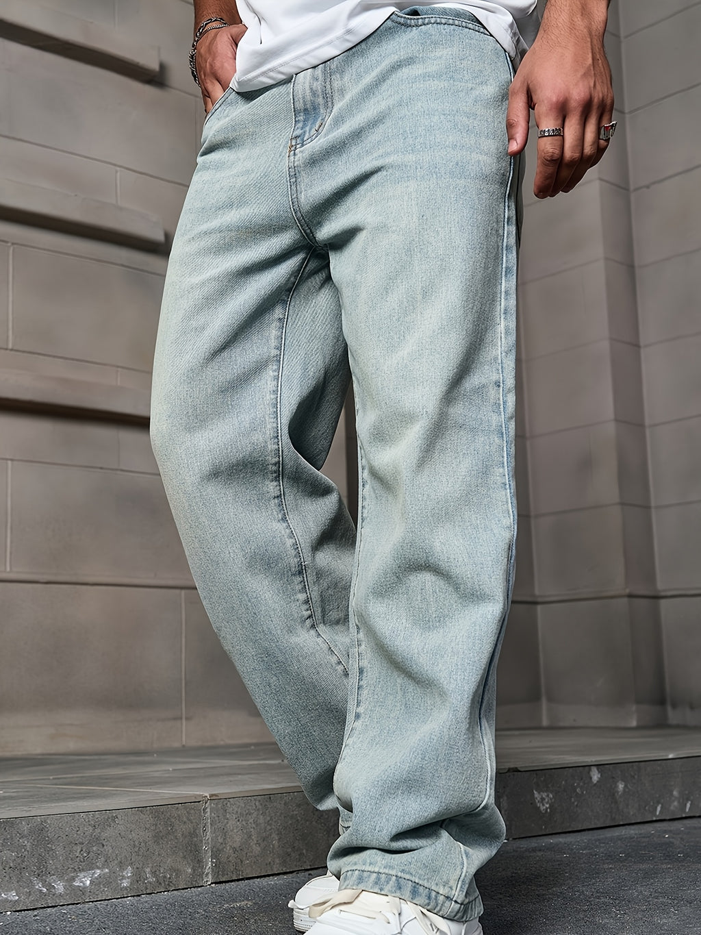 Men'S Fashion Straight Leg Jeans - Light Wash Denim, Non-Stretch Fabric, Regular Fit for All Seasons, Casual Street Style, Classic Whisker Design, Weekend Casual Wear | Classic Straight Leg | Washed Deni