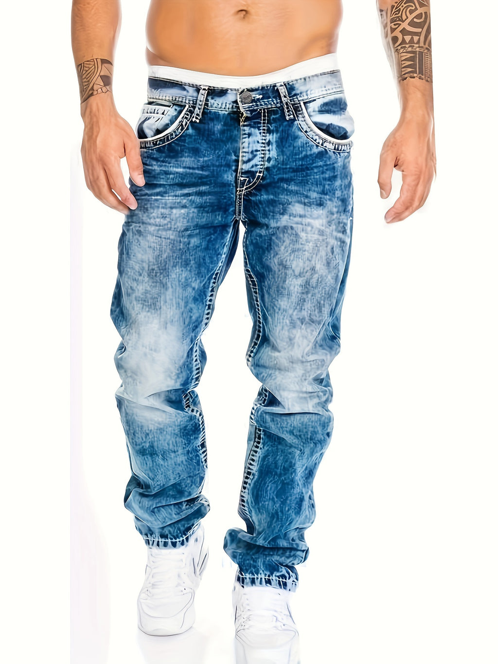 Men's Slim-Fit Straight-Leg Distressed American Snowflake Jeans - Streetwear Style Blue Denim Pants with Vintage Wash, All-Season Casual Wear, Everyday Fashion | Durable Fabric
