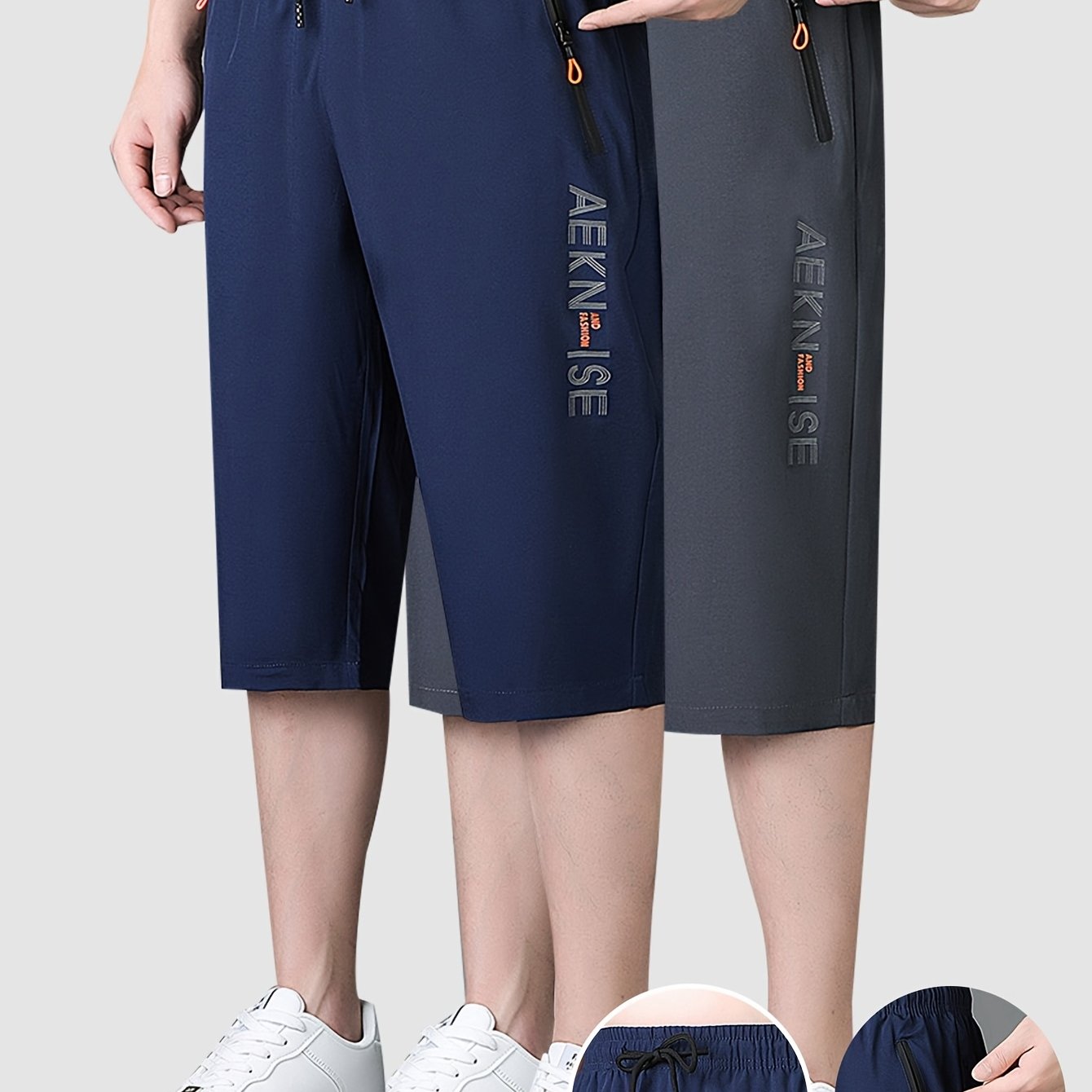 2pcs Men's Mid-Thigh Athletic Shorts with Drawstring & Zipper Pockets - Stylish Letter Print Design, Black & Navy Blue, Perfect for Gym, Casual Wear, Yoga, and Outdoor Activities, Modern Sports Apparel | Durable Sportswear