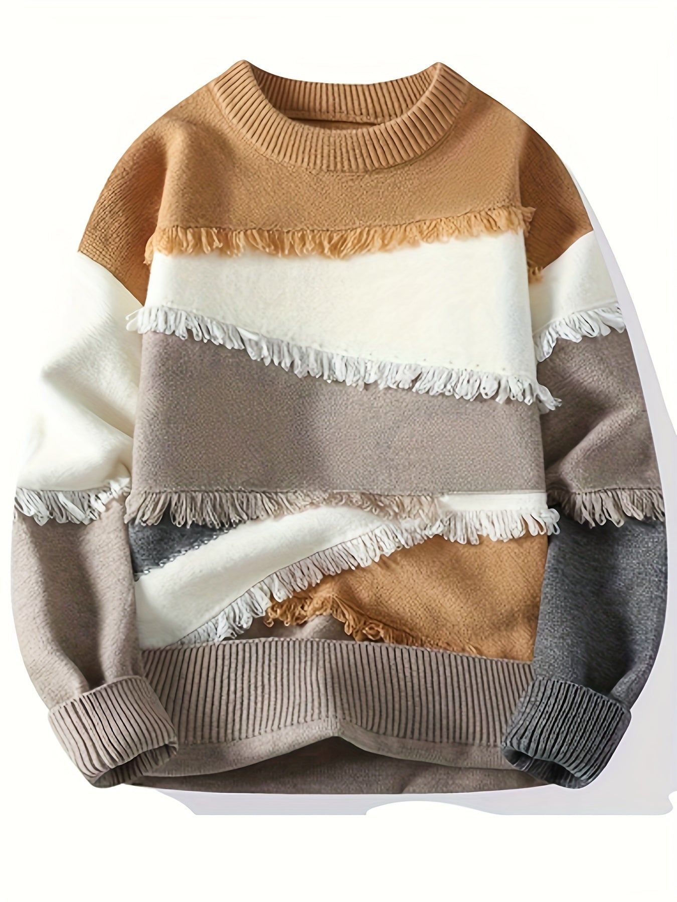 Pullover tricoté effiloché à blocs de couleurs pour hommes, pull décontracté à col rond à manches longues et haute élasticité pour l'automne et l'hiver