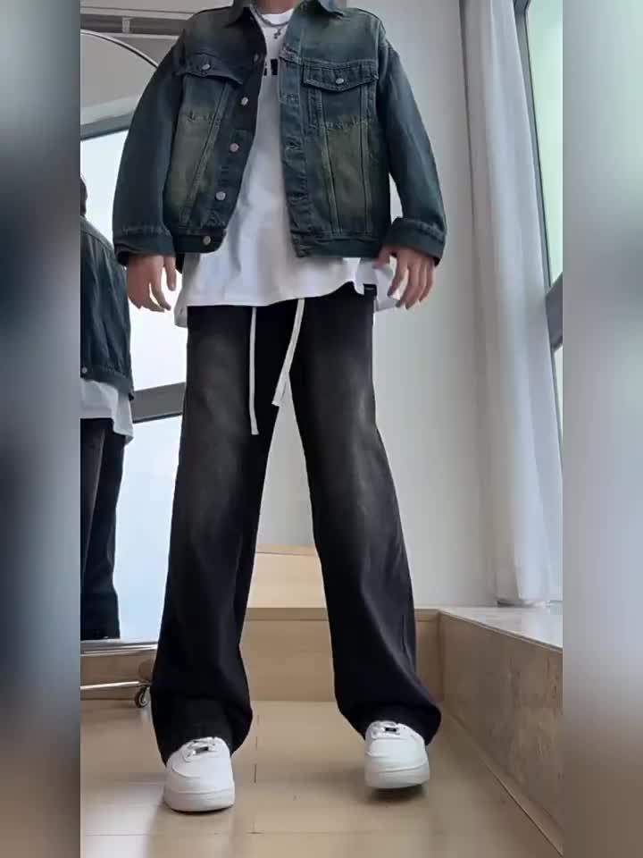 Men's Relaxed Fit Straight-Leg Jeans with Elastic Waistband - Casual & Trendy Denim Pants for All Seasons, Black Cotton Blend, Adjustable Drawstrings, Loose Fit for Casual Attire