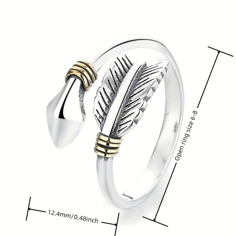 XKV Brand 925 Sterling Silvery Vintage Arrow Feather Design Open Ring, Street Style Fashion Elegant Adjustable Band, Unique Antique Finish, Gift for Girlfriend, Approx 3g