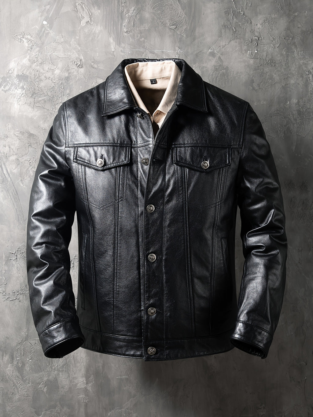 Men's Slim-Fit Jacket - Stylish Short Moto Coat with Pockets, Button-Up Front, Long Sleeves, and Glossy Finish for Casual or Streetwear, Motorcycle Jacket