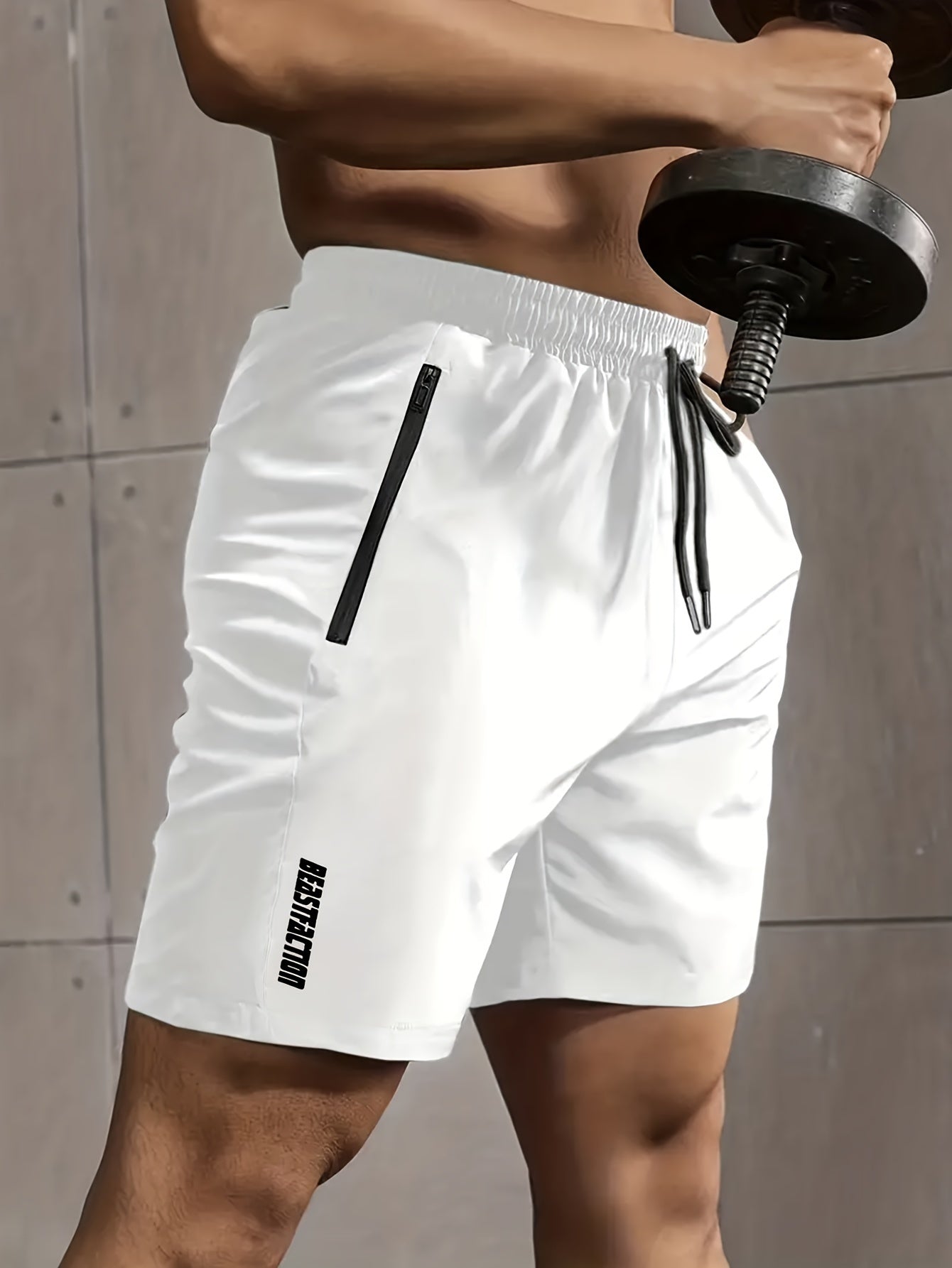 Men's Solid Shorts With Zipper Pockets, Active Elastic Waist Drawstring Shorts For Summer Outdoor Fitness