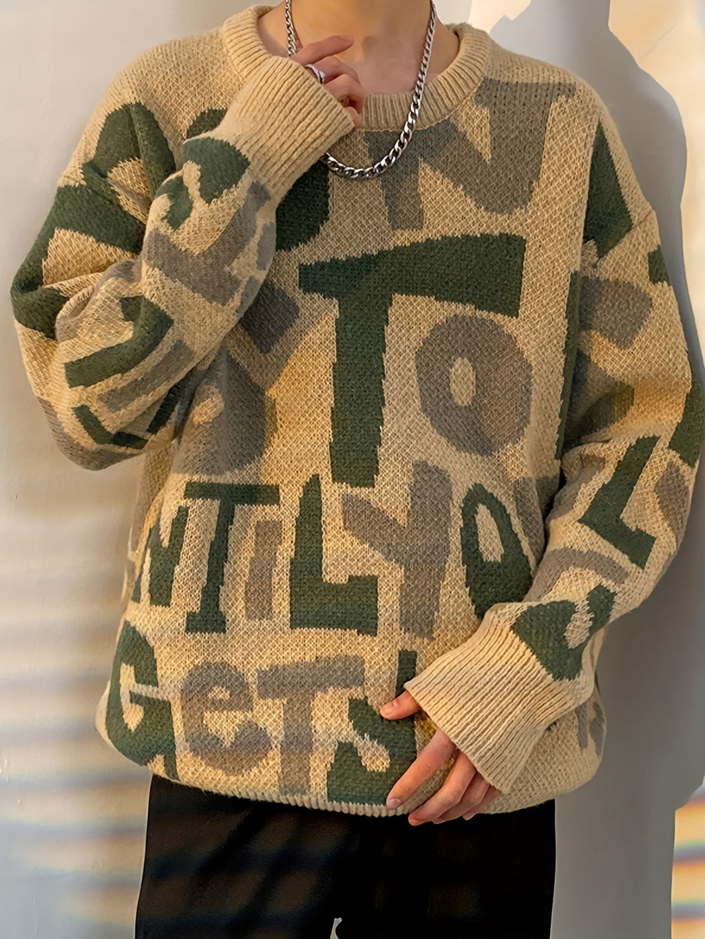 Pull en tricot à lettres imprimées pour hommes de grande taille, tendance printemps automne K-pop