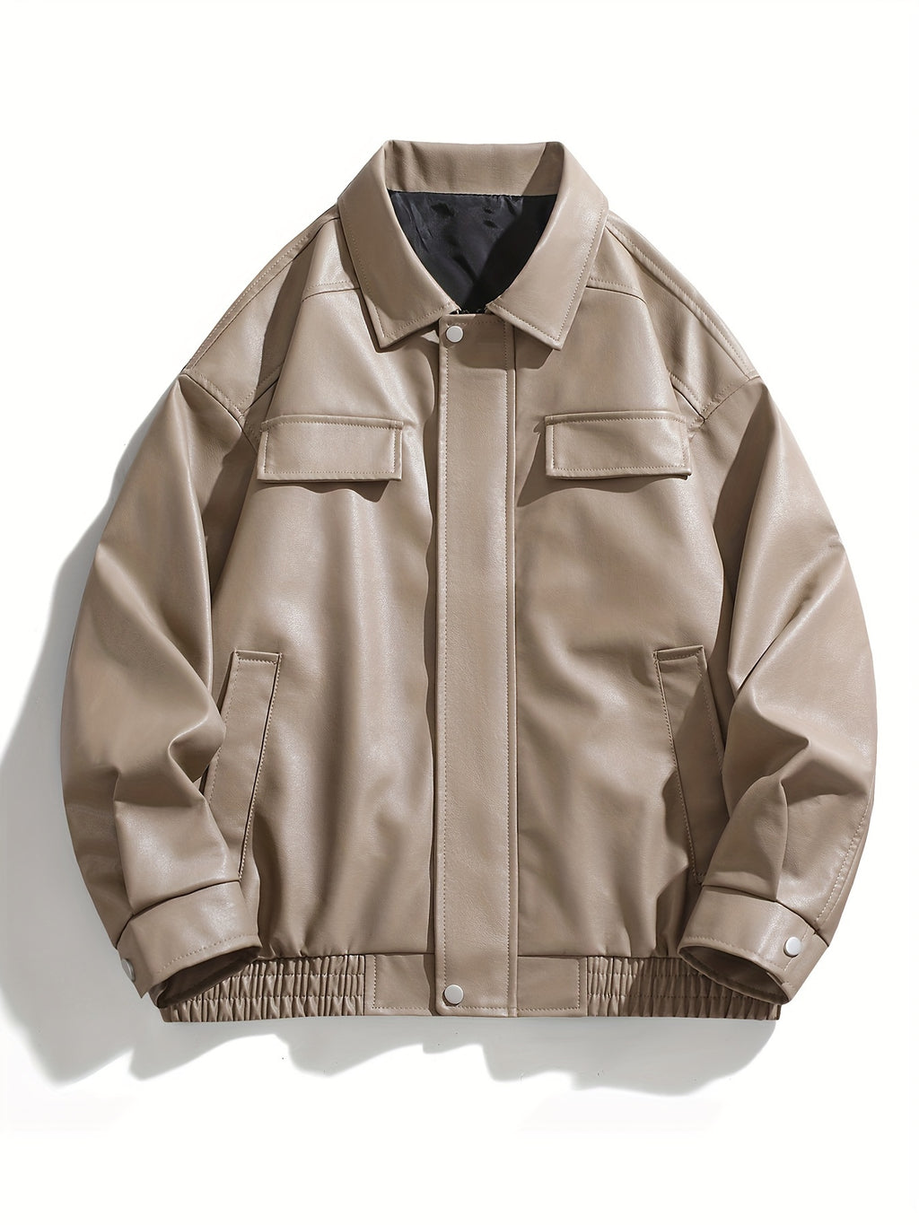 AWESOME BIRD Men's Retro PU Leather Jacket - Casual Street Style, Black Smooth Finish, Long Sleeve with Flap Pockets, Zip-Up Closure, Machine Washable, Polyester Blend