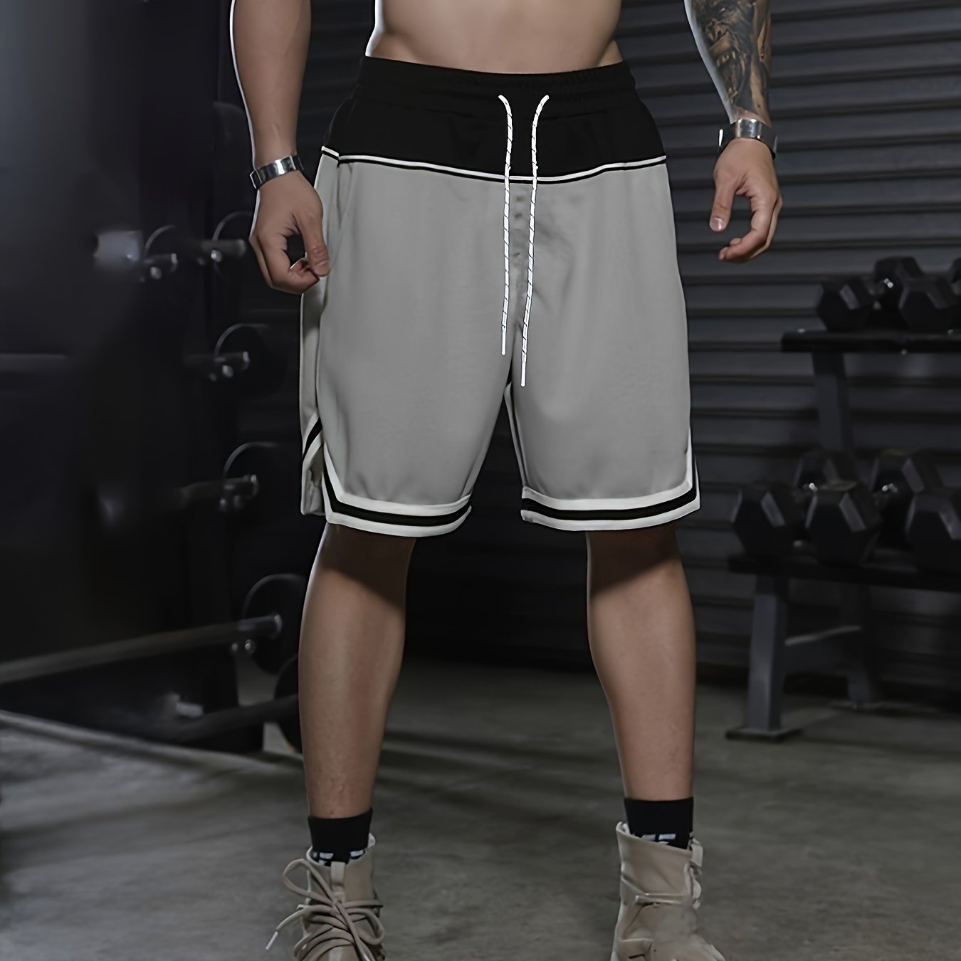 Men's Color Block Striped Shorts With Pockets, Active Elastic Waist Drawstring Shorts For Summer Fitness