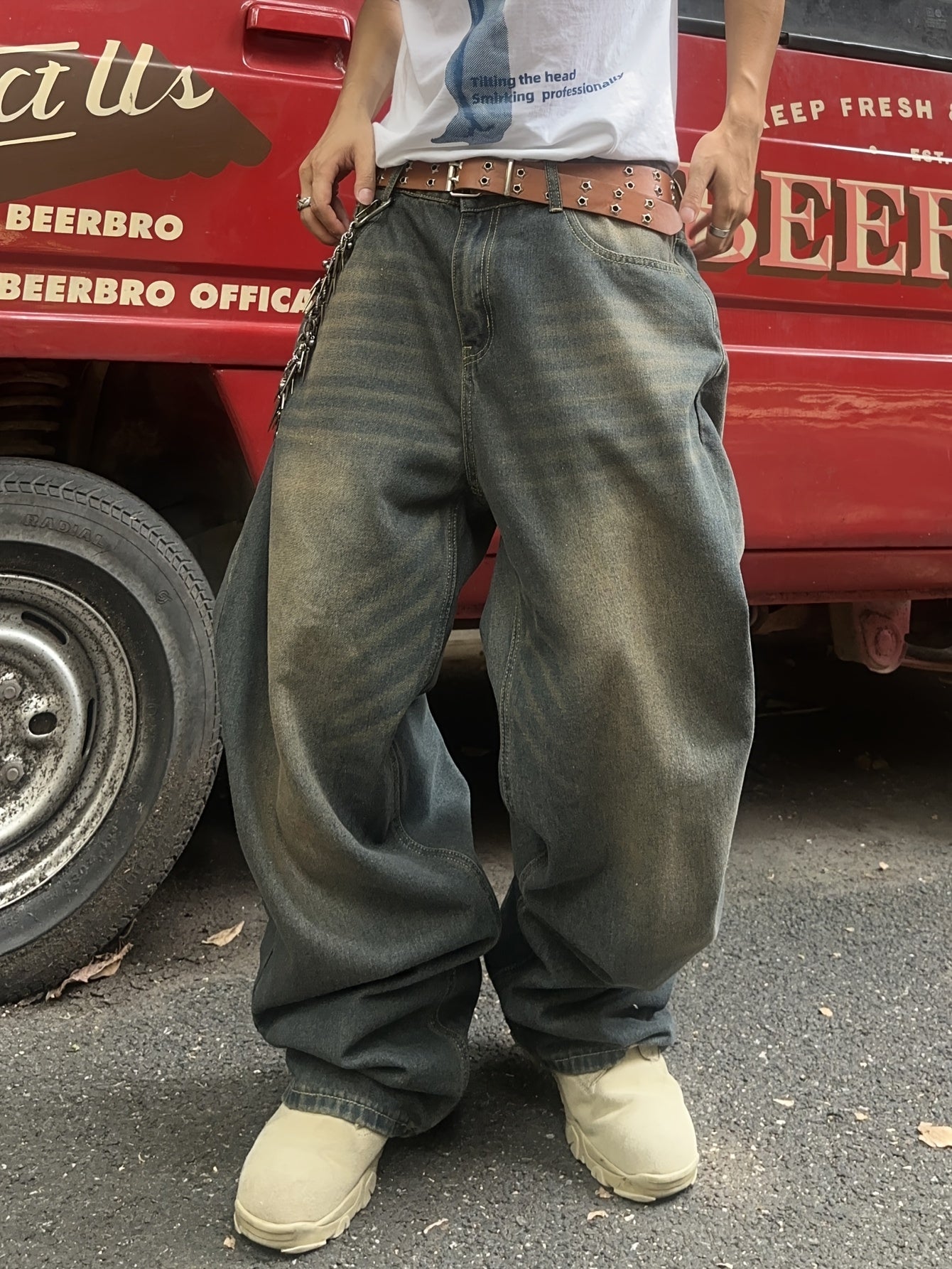 Men's American Casual Loose-Fit Wide-Leg Jeans - Non-Stretch Denim, Beltless & No Hangings, Machine Washable, All-Season Comfort, Solid Color with Functional Pockets